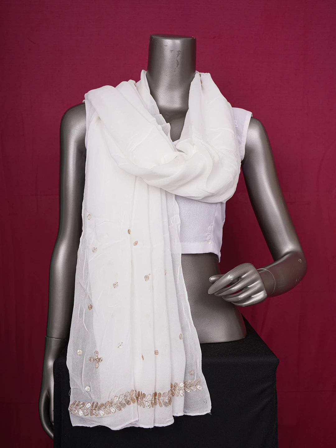 Ada Hand Embroidered White Viscose Georgette Lucknowi Chikankari Dupatta With Zari Work 01A496100