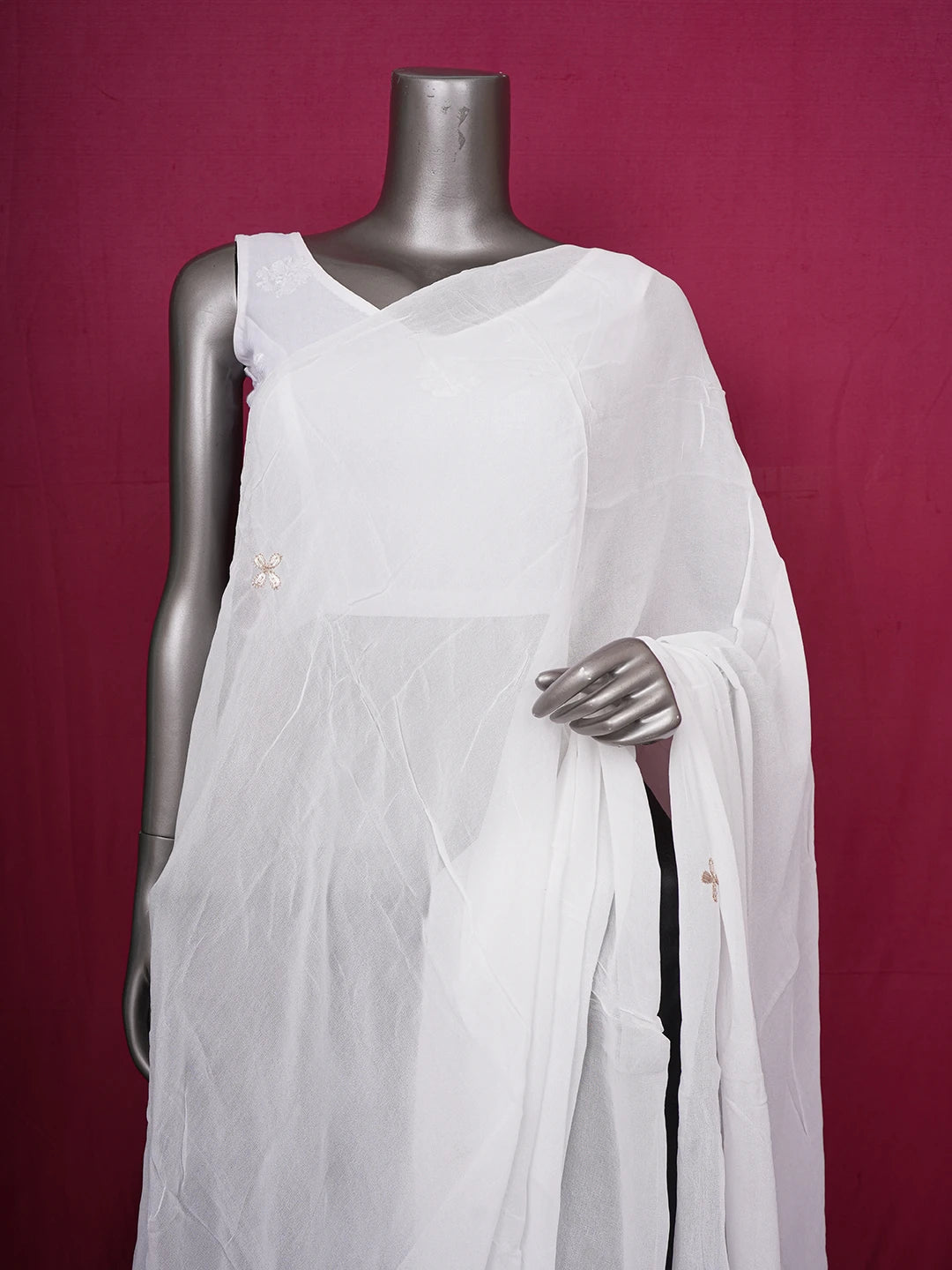 Ada Hand Embroidered White Viscose Georgette Lucknowi Chikankari Dupatta With Zari Work 01A496100