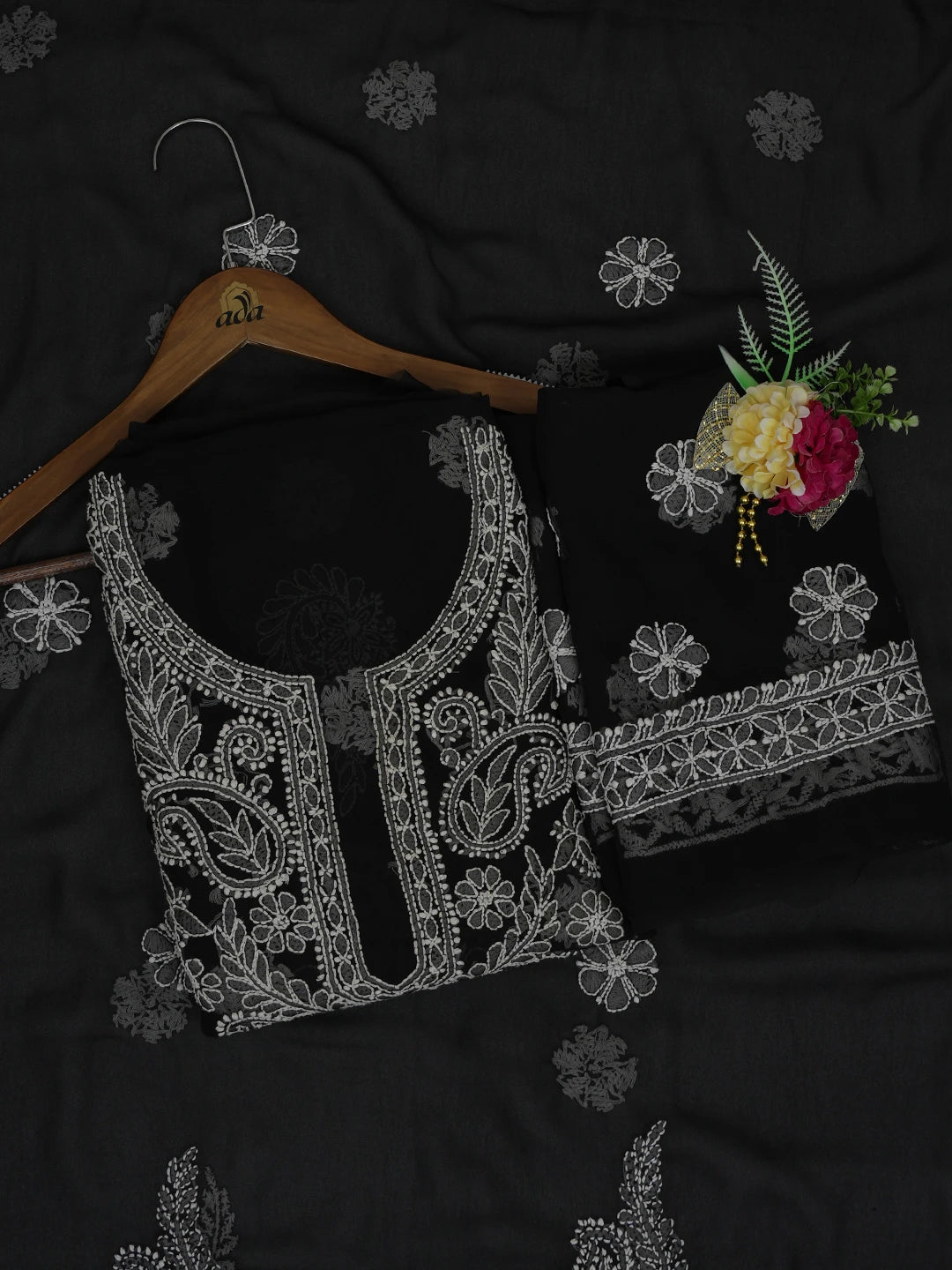 Ada Hand Embroidered Black Georgette Lucknowi Chikankari Unstitched Suit Piece 01A623752