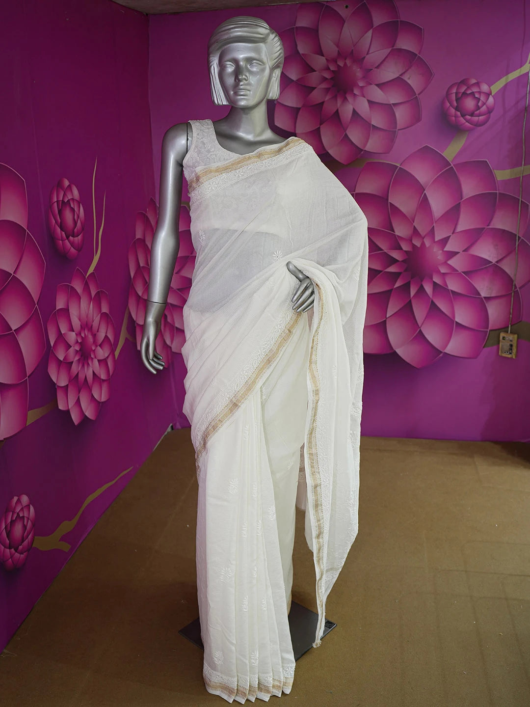Ada Hand Embroidered White Chanderi Lucknowi Chikankari Saree With Blouse 01A640163