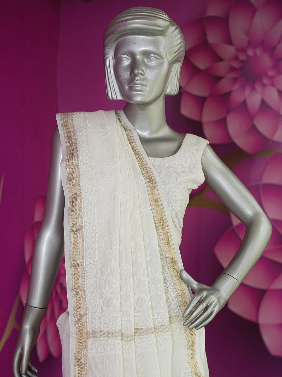 Ada Hand Embroidered White Chanderi Lucknowi Chikankari Saree With Blouse 01A640163