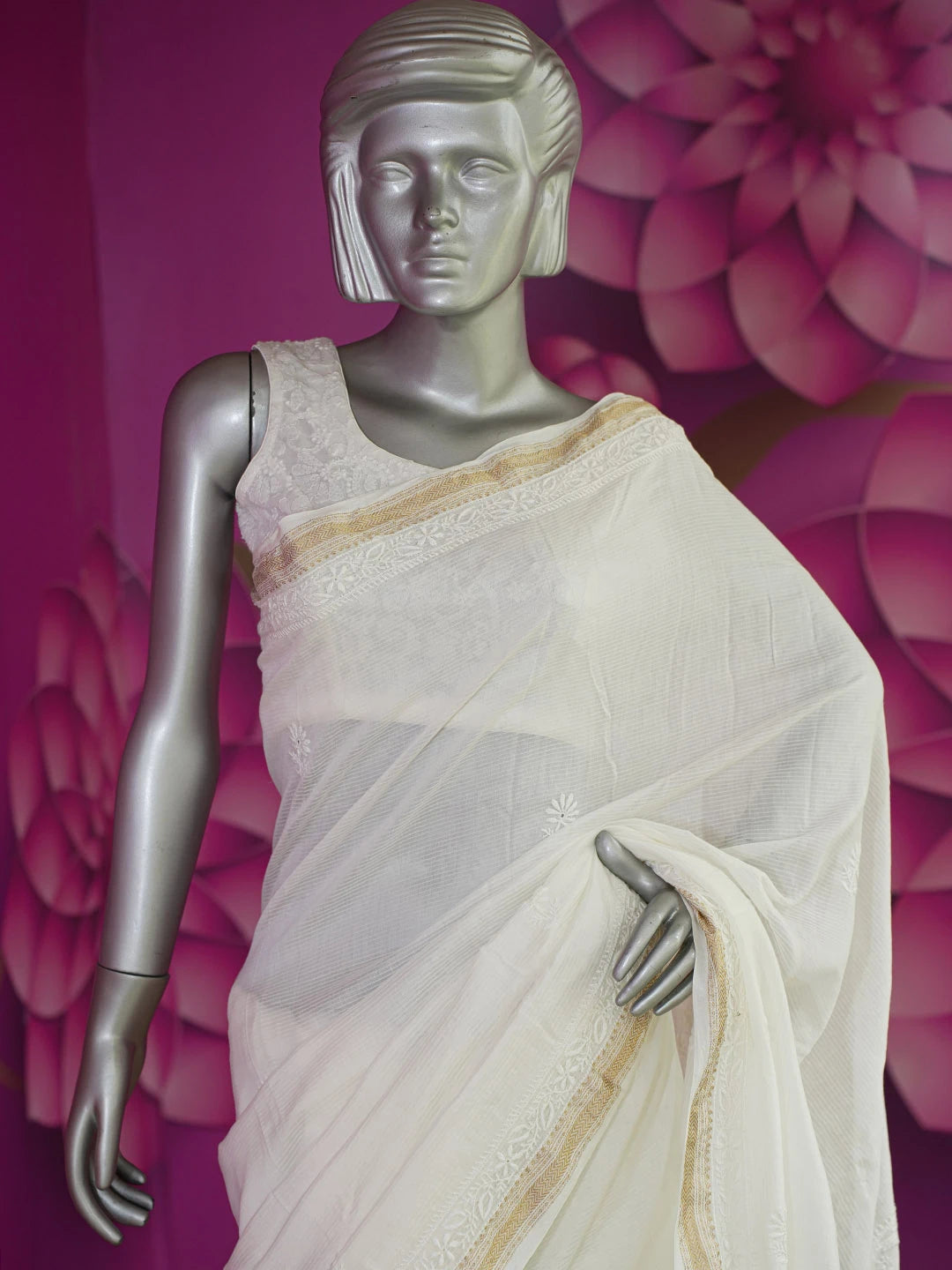 Ada Hand Embroidered White Chanderi Lucknowi Chikankari Saree With Blouse 01A640163
