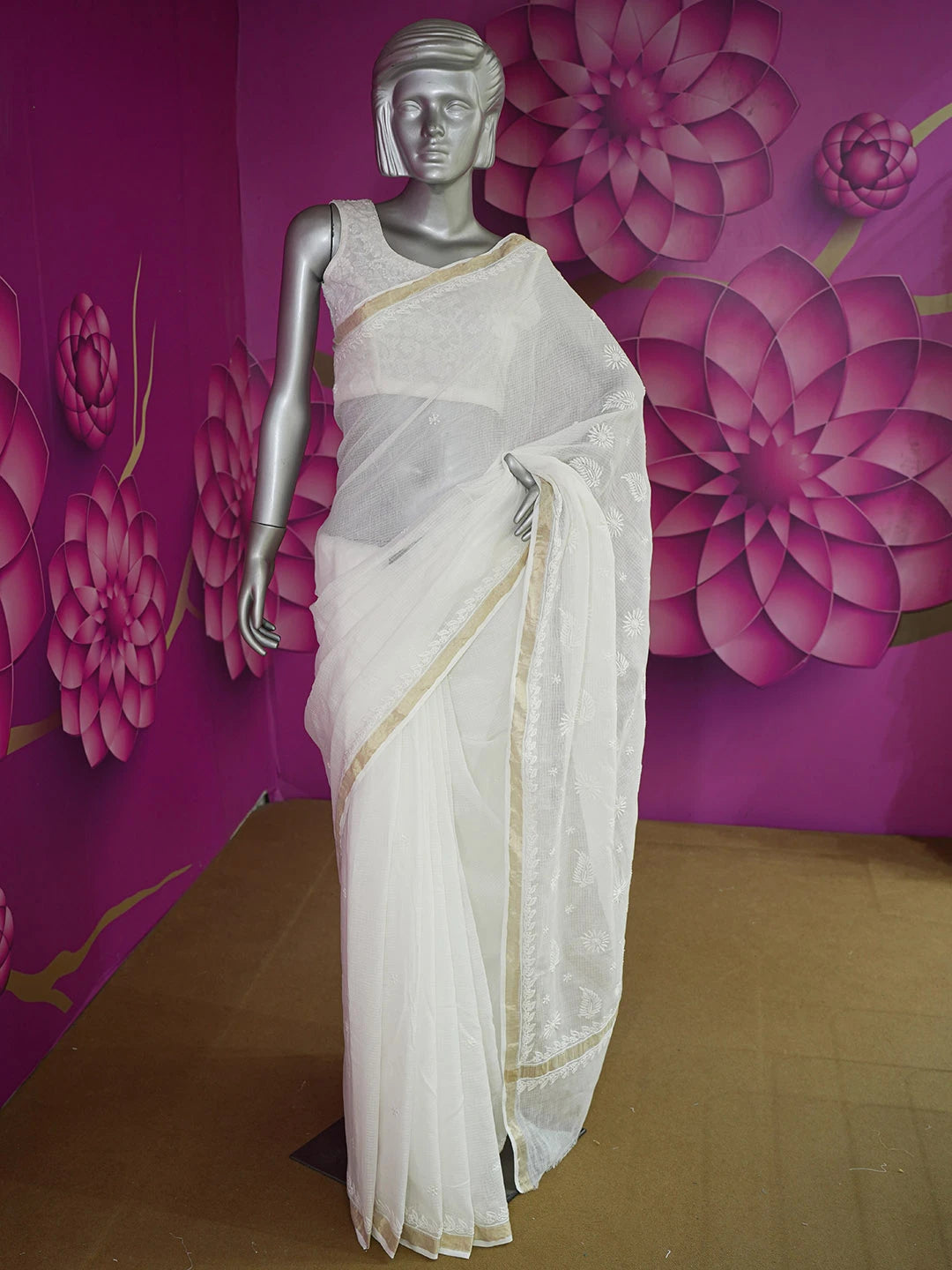 Ada Hand Embroidered White Kota Lucknowi Chikankari Saree With Blouse 01A632492