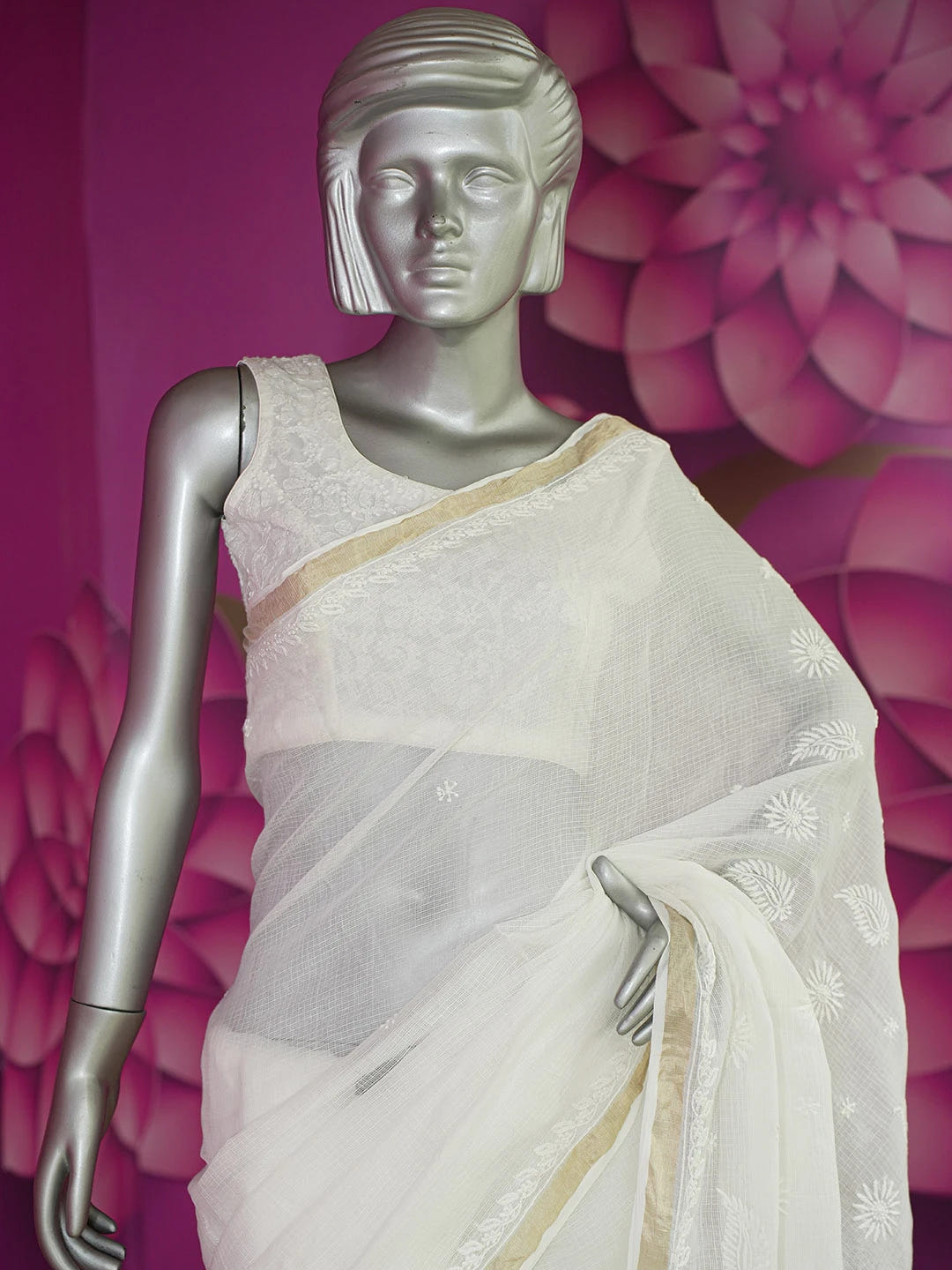 Ada Hand Embroidered White Kota Lucknowi Chikankari Saree With Blouse 01A632492
