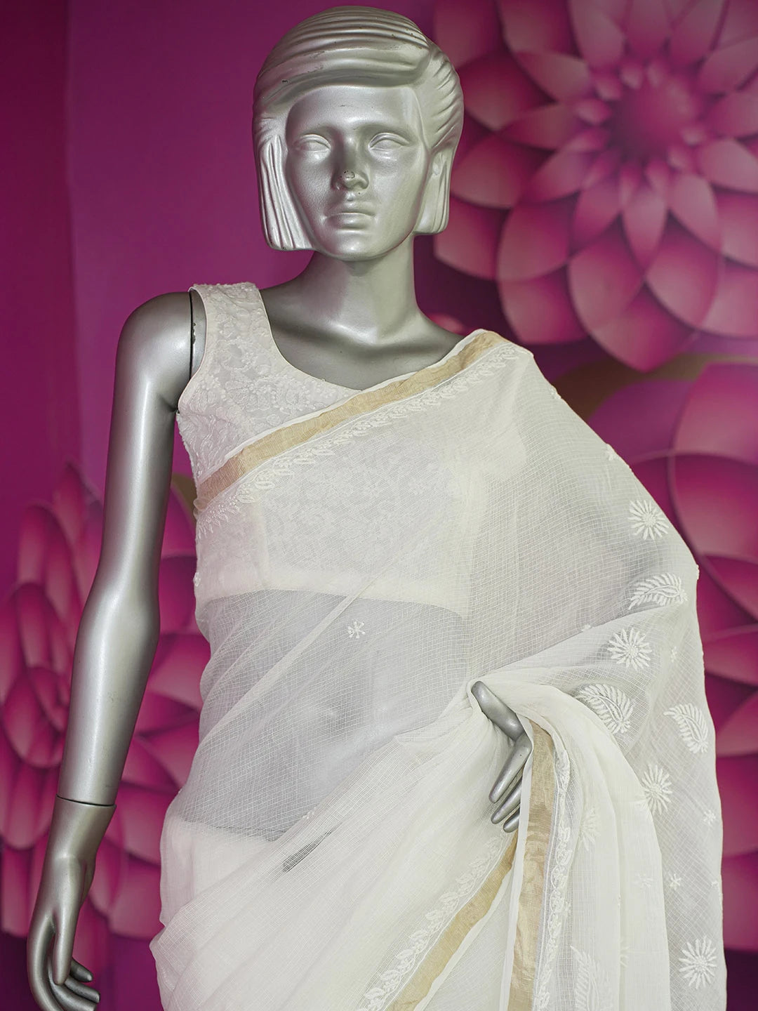 Ada Hand Embroidered White Kota Lucknowi Chikankari Saree With Blouse 01A632492
