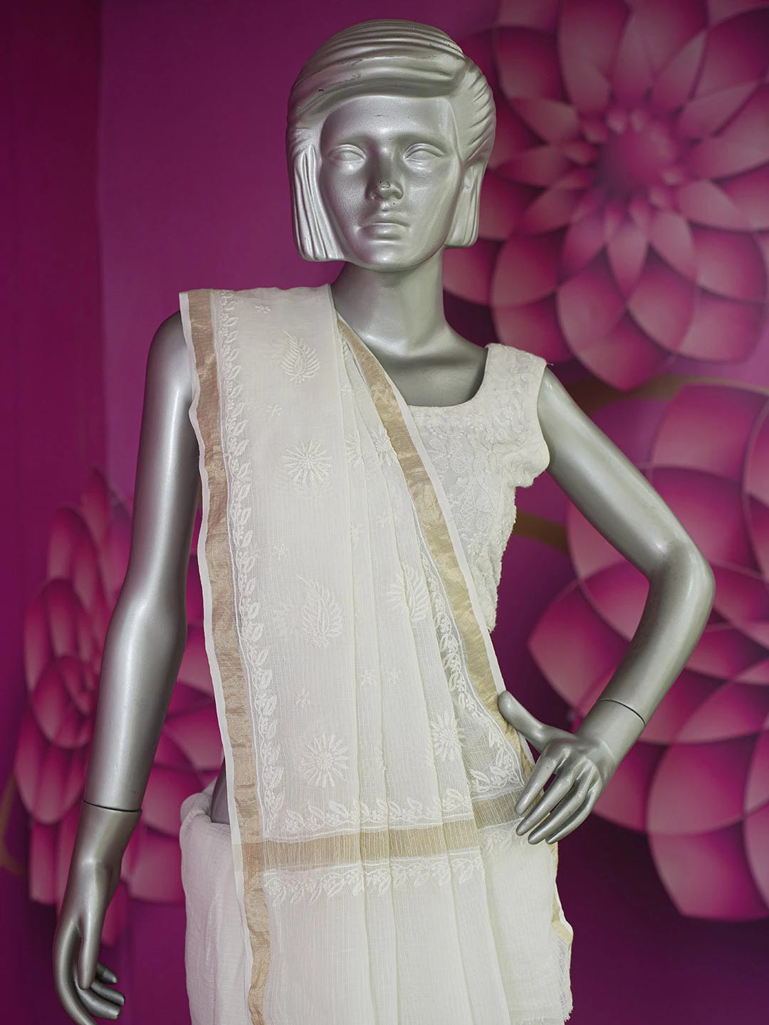 Ada Hand Embroidered White Kota Lucknowi Chikankari Saree With Blouse 01A632492
