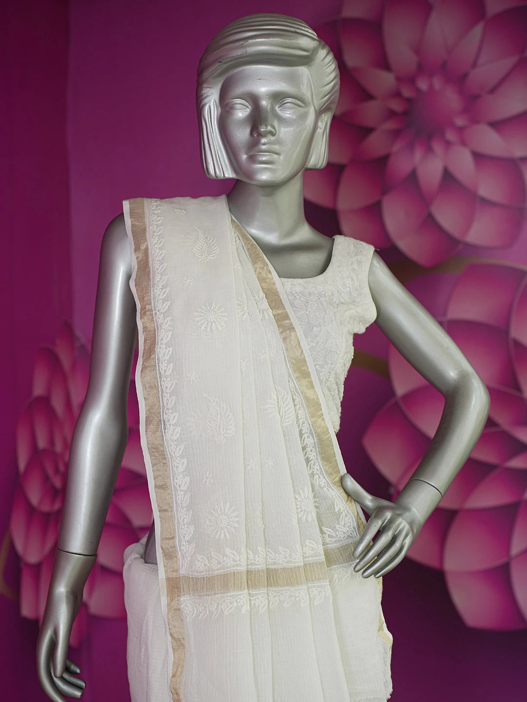Ada Hand Embroidered White Kota Lucknowi Chikankari Saree With Blouse 01A632492