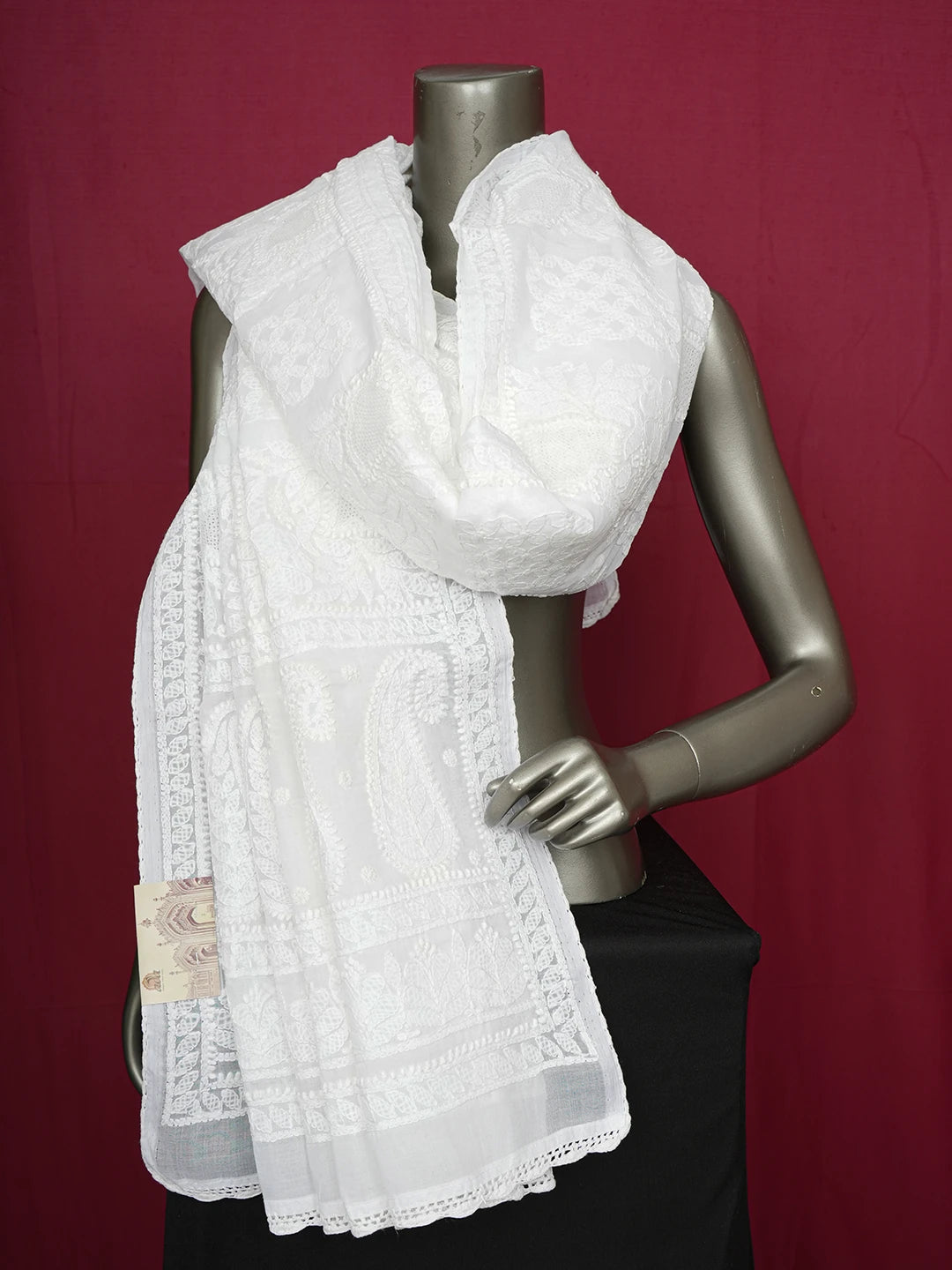 Ada Hand Embroidered White Cotton Lucknowi Chikankari Dupatta 01A599757