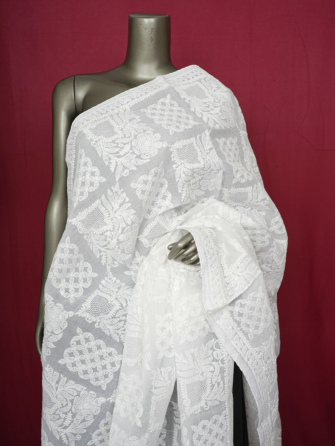 Ada Hand Embroidered White Cotton Lucknowi Chikankari Dupatta 01A599757