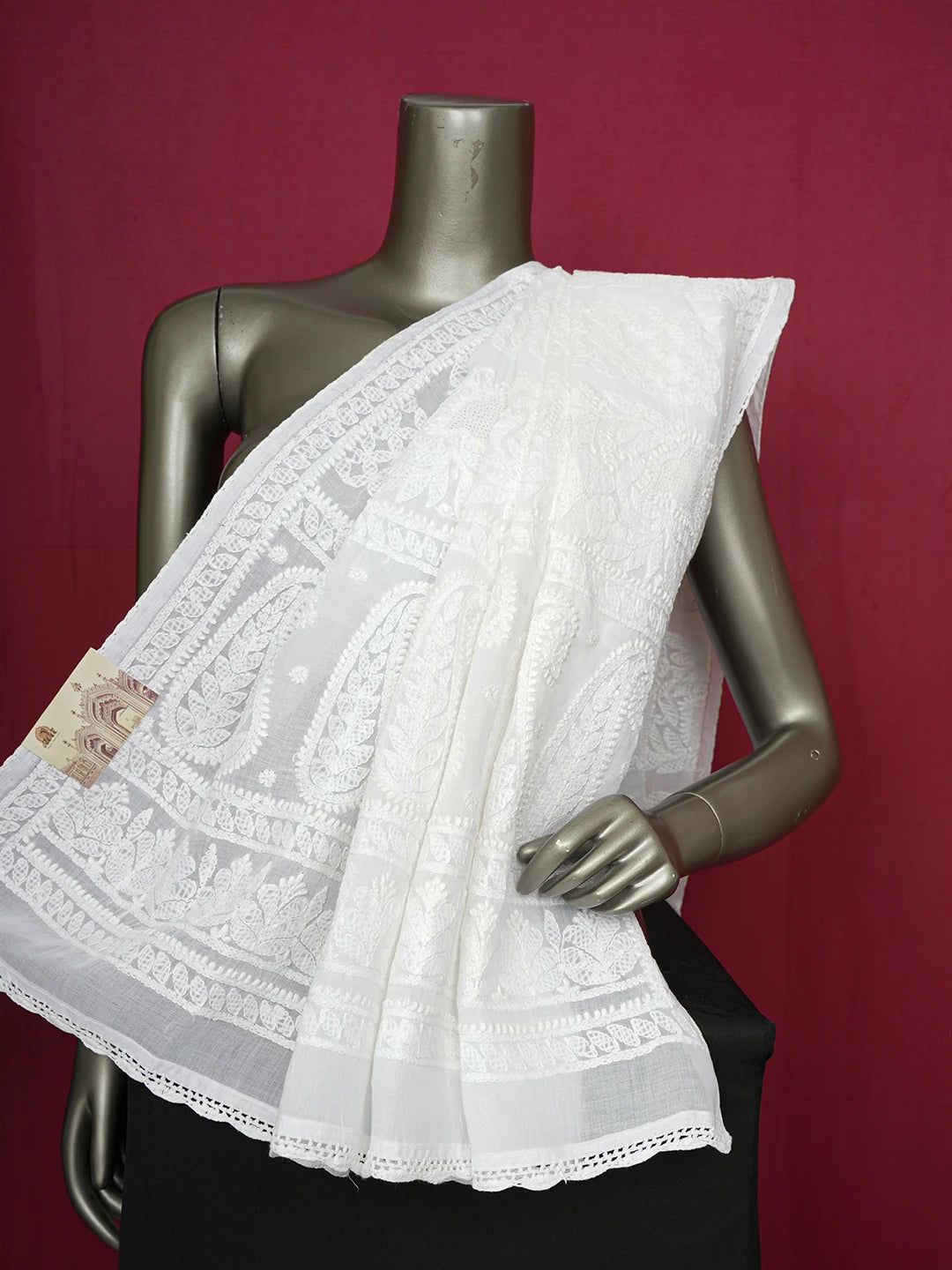 Ada Hand Embroidered White Cotton Lucknowi Chikankari Dupatta 01A599757