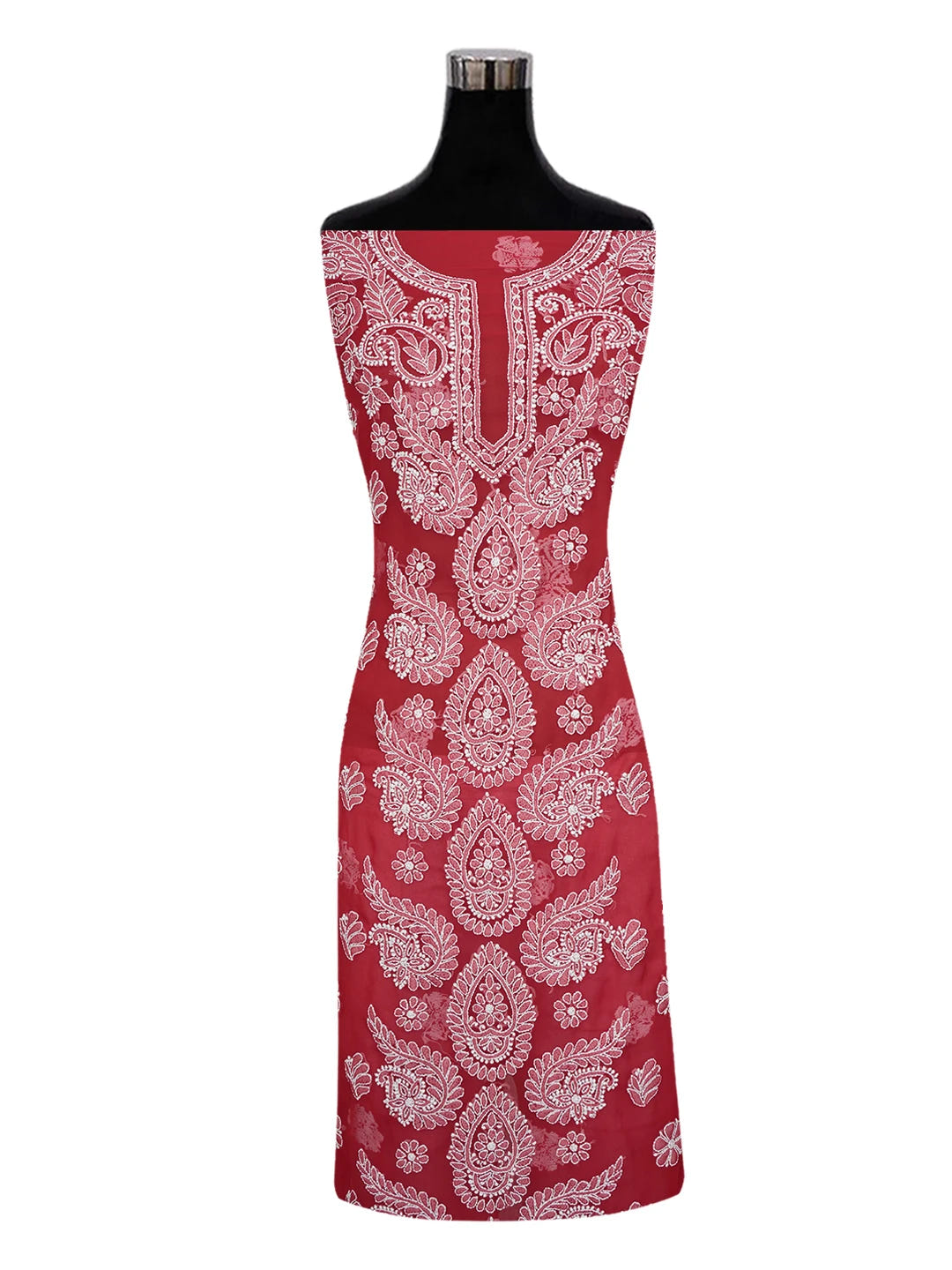 Ada Hand Embroidered Red Georgette Lucknowi Chikankari Unstitched Suit Piece 01A563866