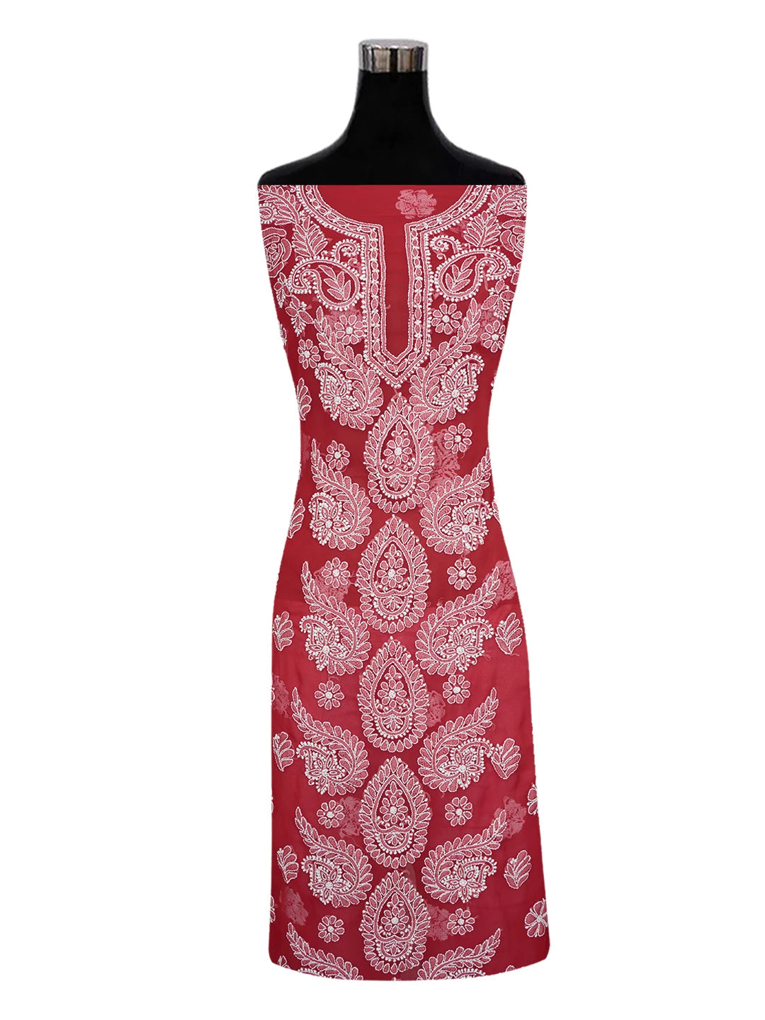 Ada Hand Embroidered Red Georgette Lucknowi Chikankari Unstitched Suit Piece 01A563866
