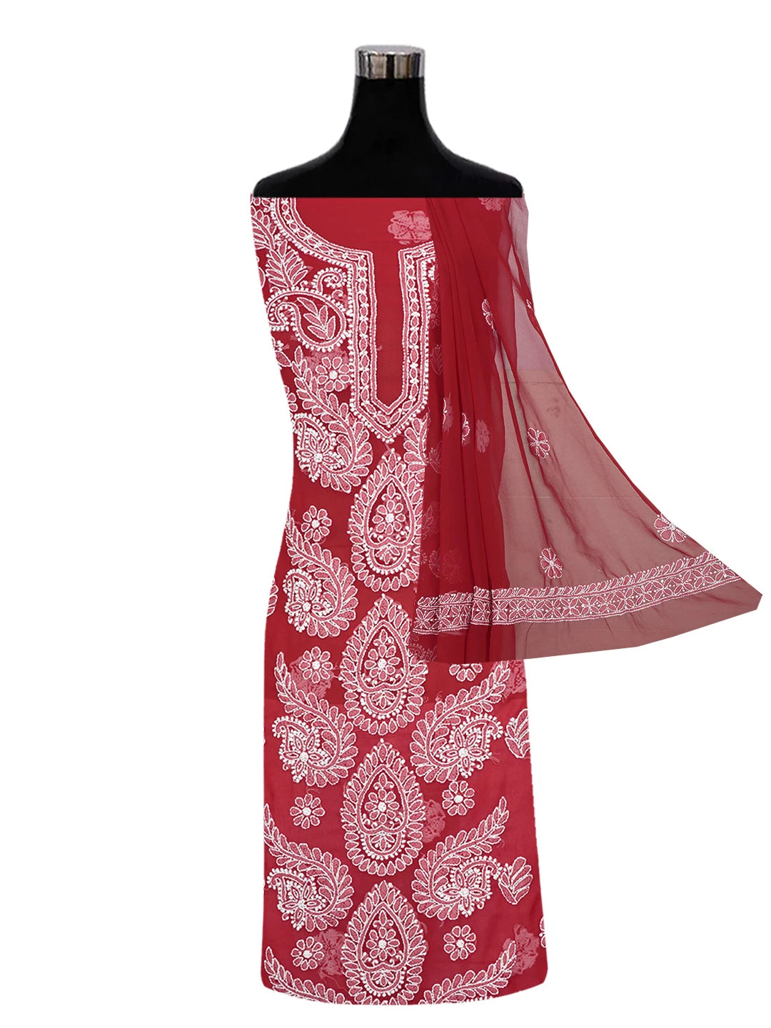 Ada Hand Embroidered Red Georgette Lucknowi Chikankari Unstitched Suit Piece 01A563866