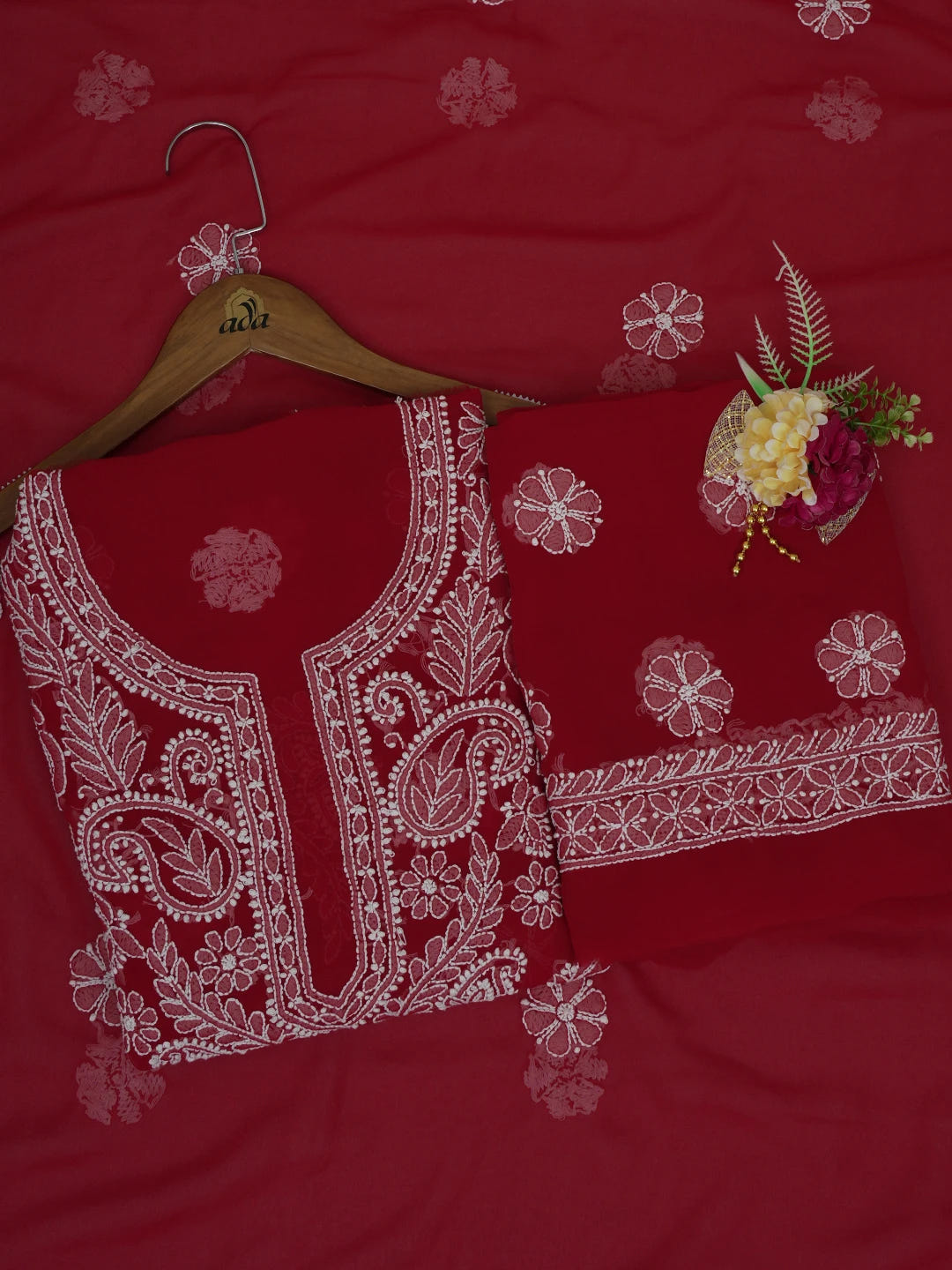 Ada Hand Embroidered Red Georgette Lucknowi Chikankari Unstitched Suit Piece 01A563866