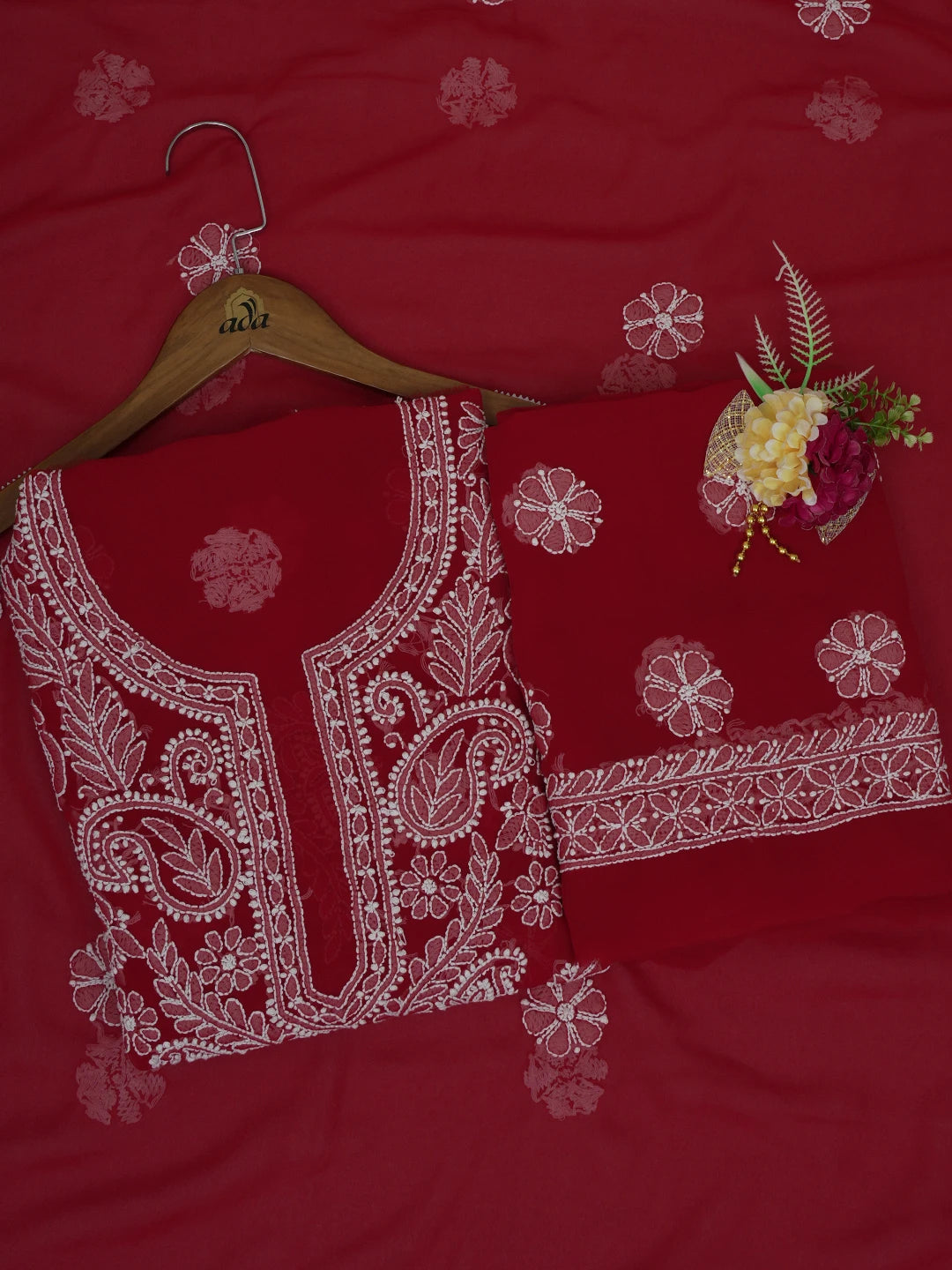Ada Hand Embroidered Red Georgette Lucknowi Chikankari Unstitched Suit Piece 01A563866