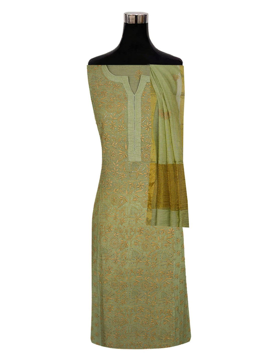 Ada Hand Embroidered Pista Green Tissue Lucknowi Chikankari Unstitched Kurta Dupatta Set With Zari & Muqaish Work 01A627936