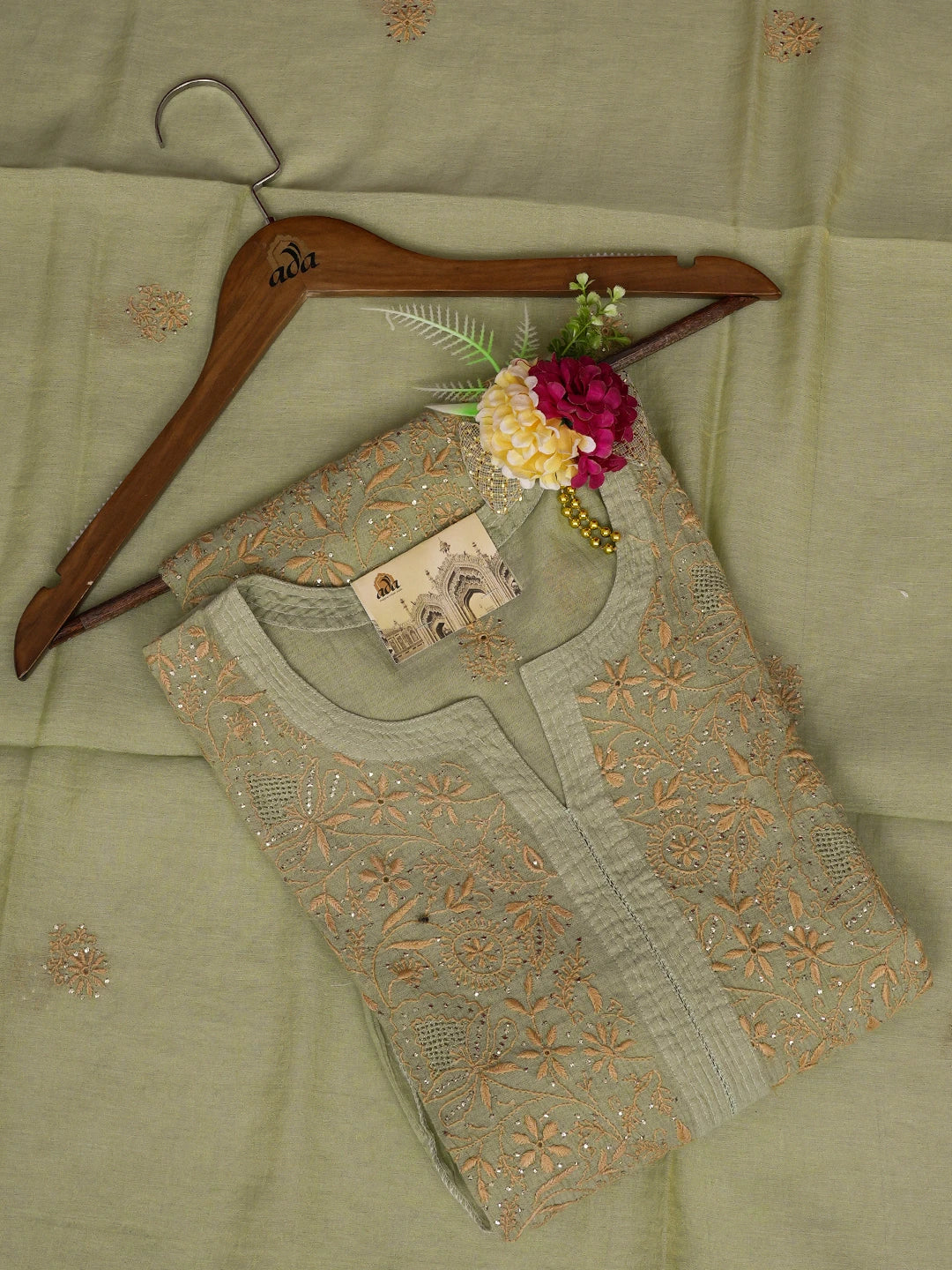 Ada Hand Embroidered Pista Green Tissue Lucknowi Chikankari Unstitched Kurta Dupatta Set With Zari & Muqaish Work 01A627936
