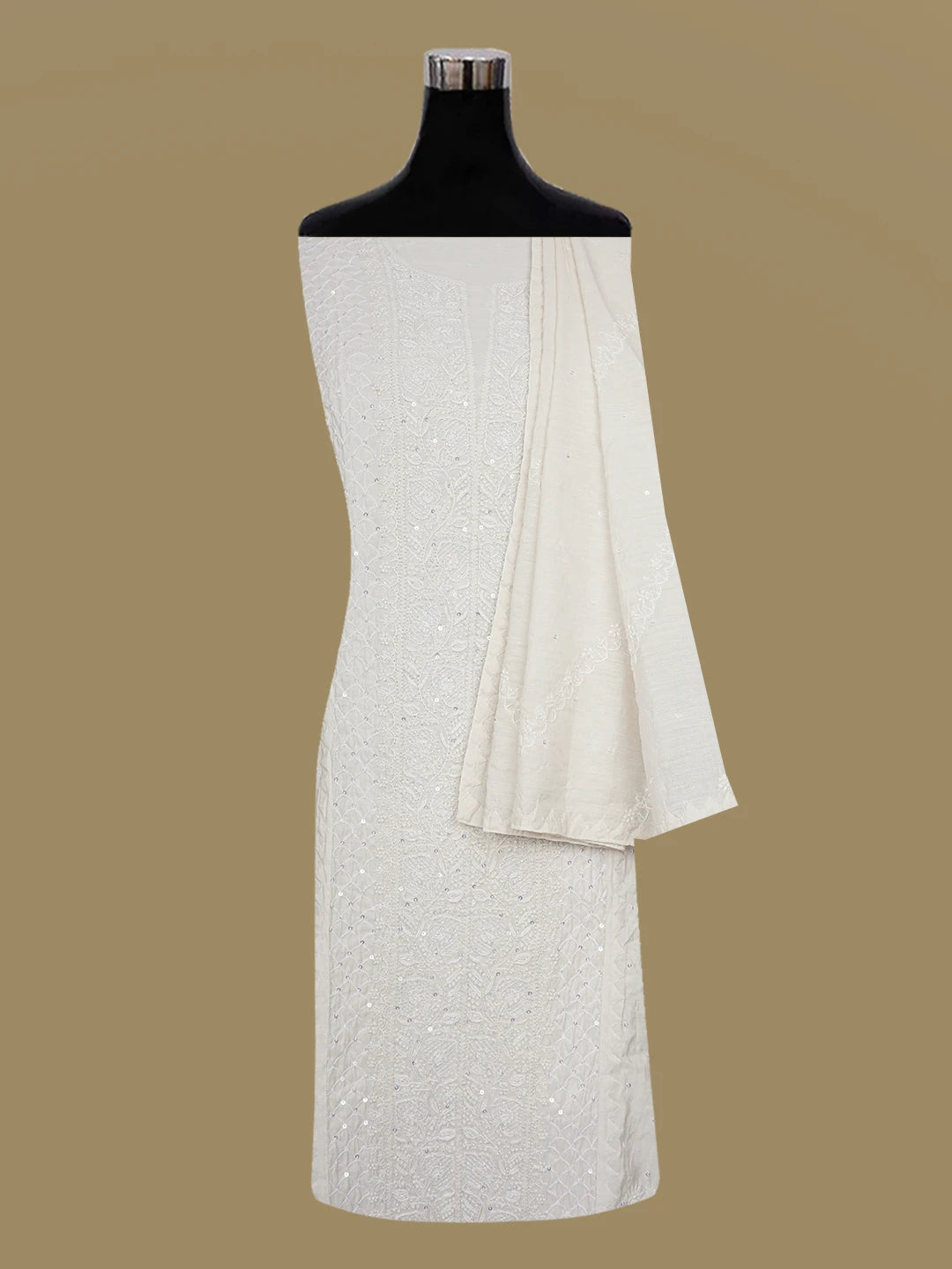 Ada Hand Embroidered White Alabaster Silk Lucknowi Chikankari Unstitched Kurta Dupatta Set With Cutdana Work 01A571476