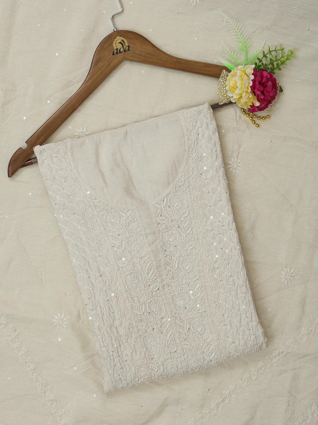 Ada Hand Embroidered White Alabaster Silk Lucknowi Chikankari Unstitched Kurta Dupatta Set With Cutdana Work 01A571476