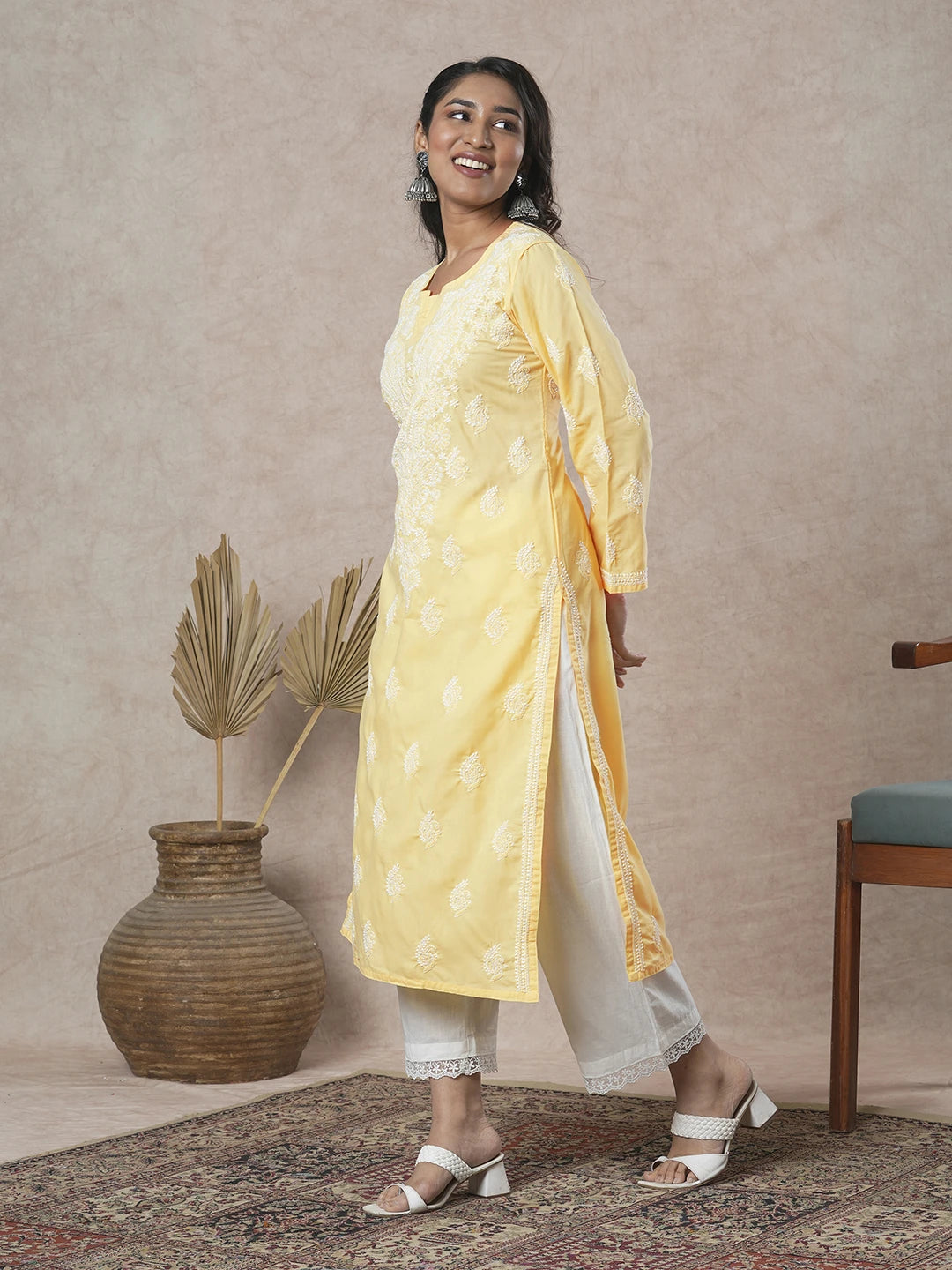 Ada Hand Embroidered Yellow Cotton Lucknowi Chikankari Straight Kurta A411686