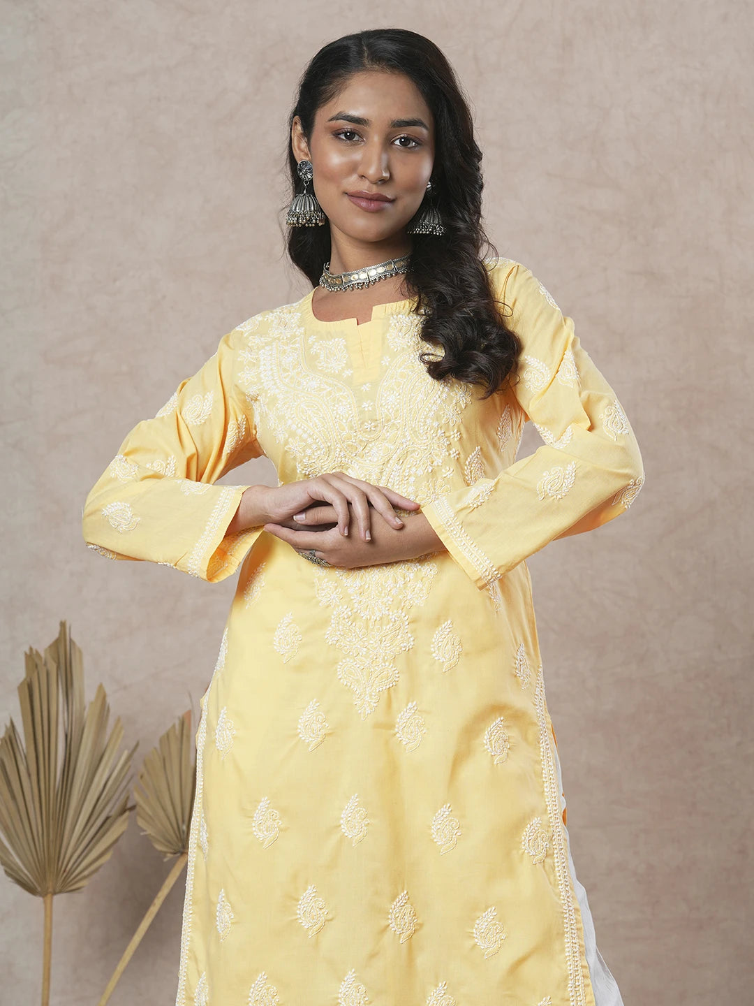 Ada Hand Embroidered Yellow Cotton Lucknowi Chikankari Straight Kurta A411686