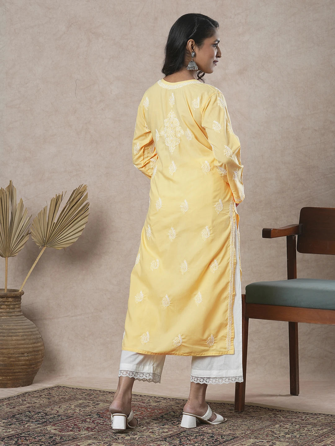 Ada Hand Embroidered Yellow Cotton Lucknowi Chikankari Straight Kurta A411686