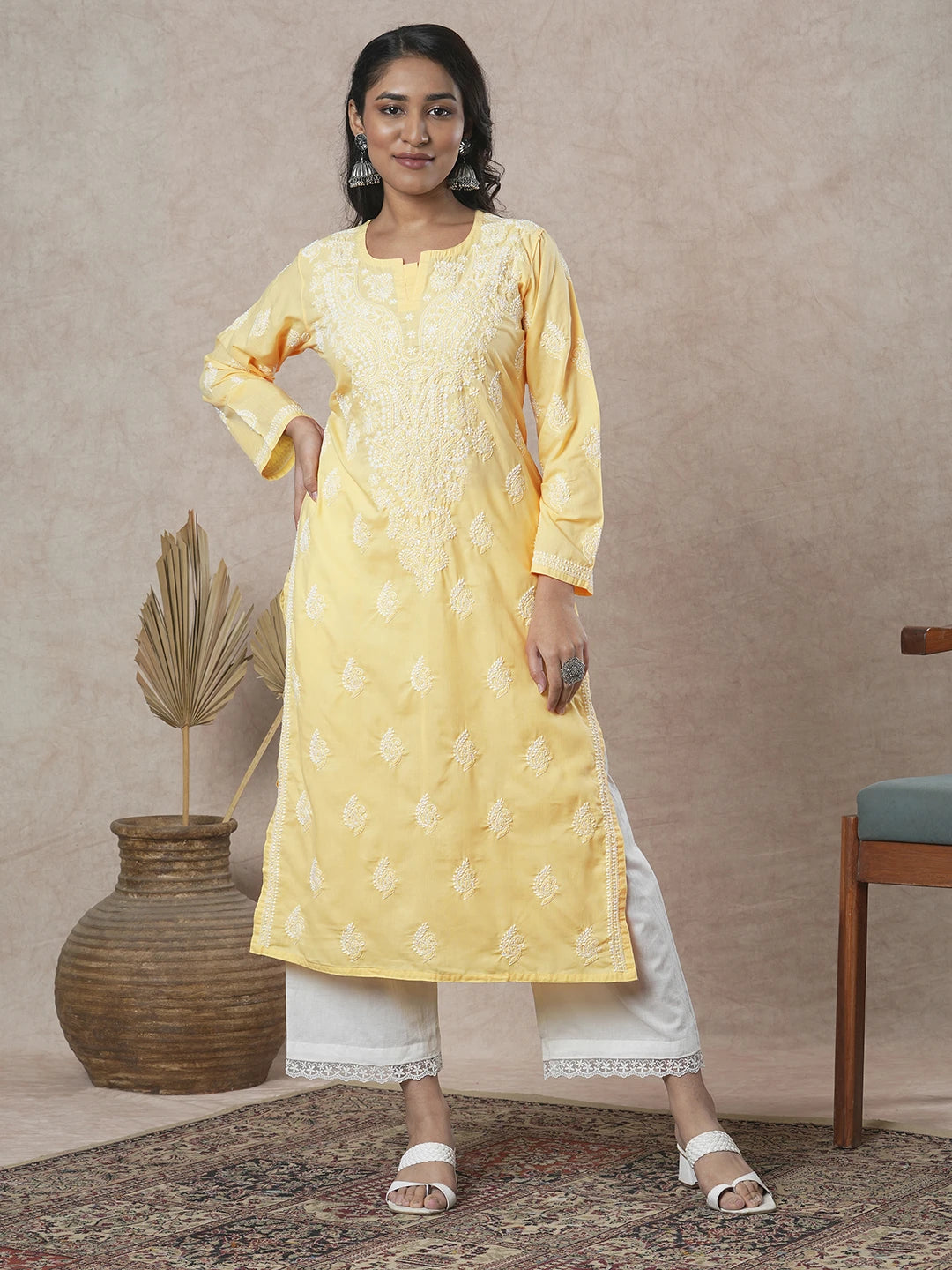 Ada Hand Embroidered Yellow Cotton Lucknowi Chikankari Straight Kurta A411686