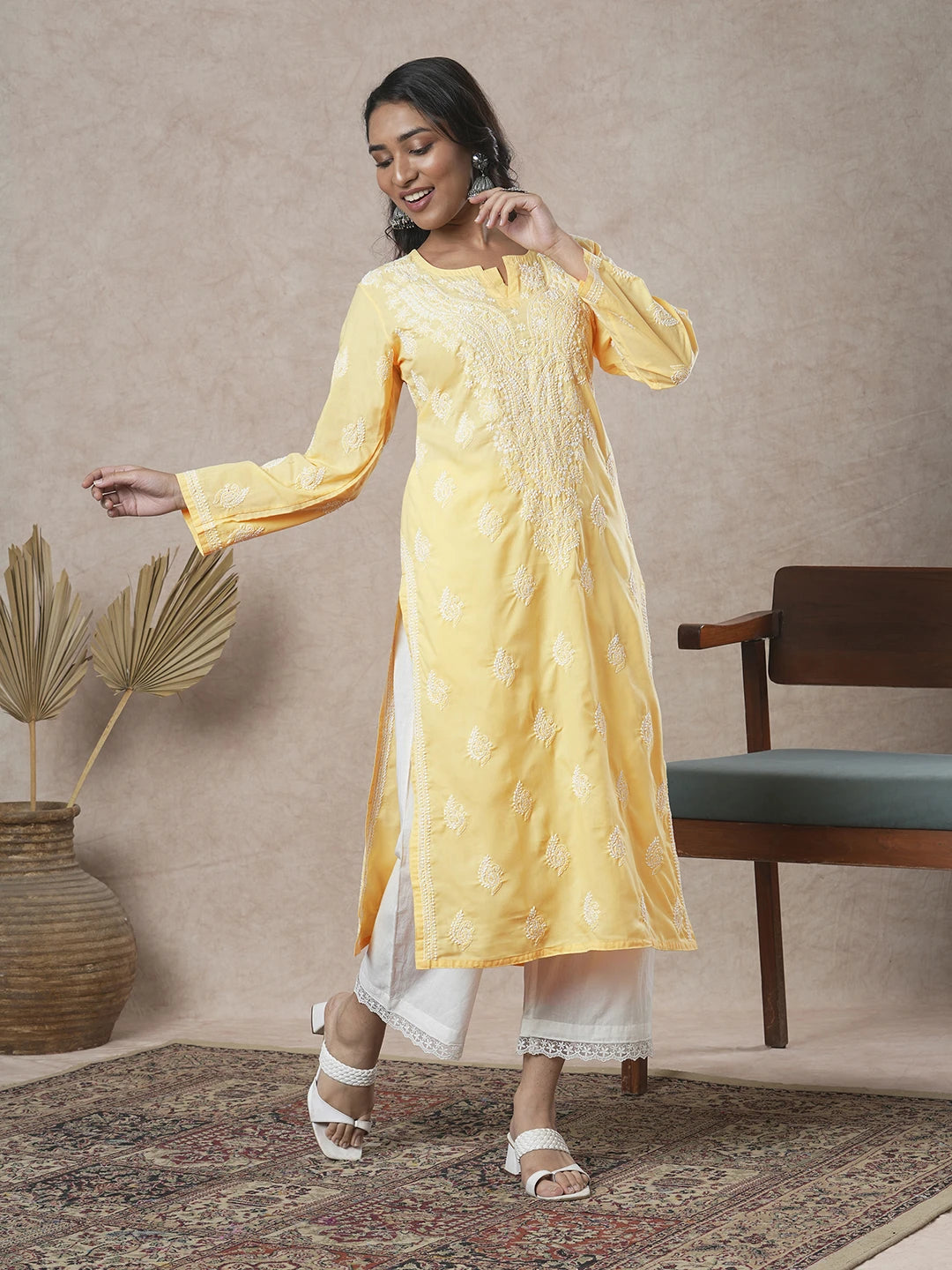 Ada Hand Embroidered Yellow Cotton Lucknowi Chikankari Straight Kurta A411686