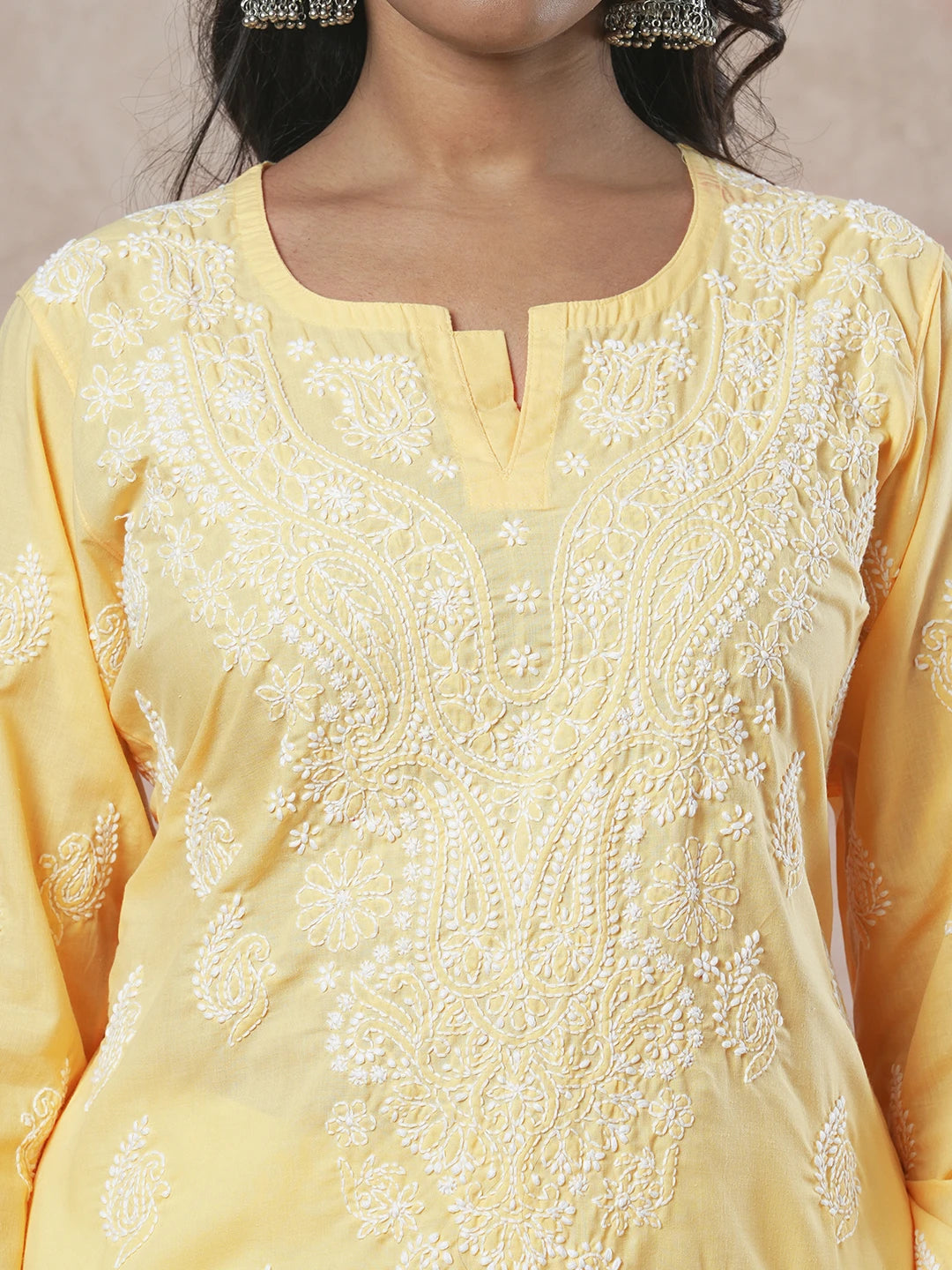 Ada Hand Embroidered Yellow Cotton Lucknowi Chikankari Straight Kurta A411686
