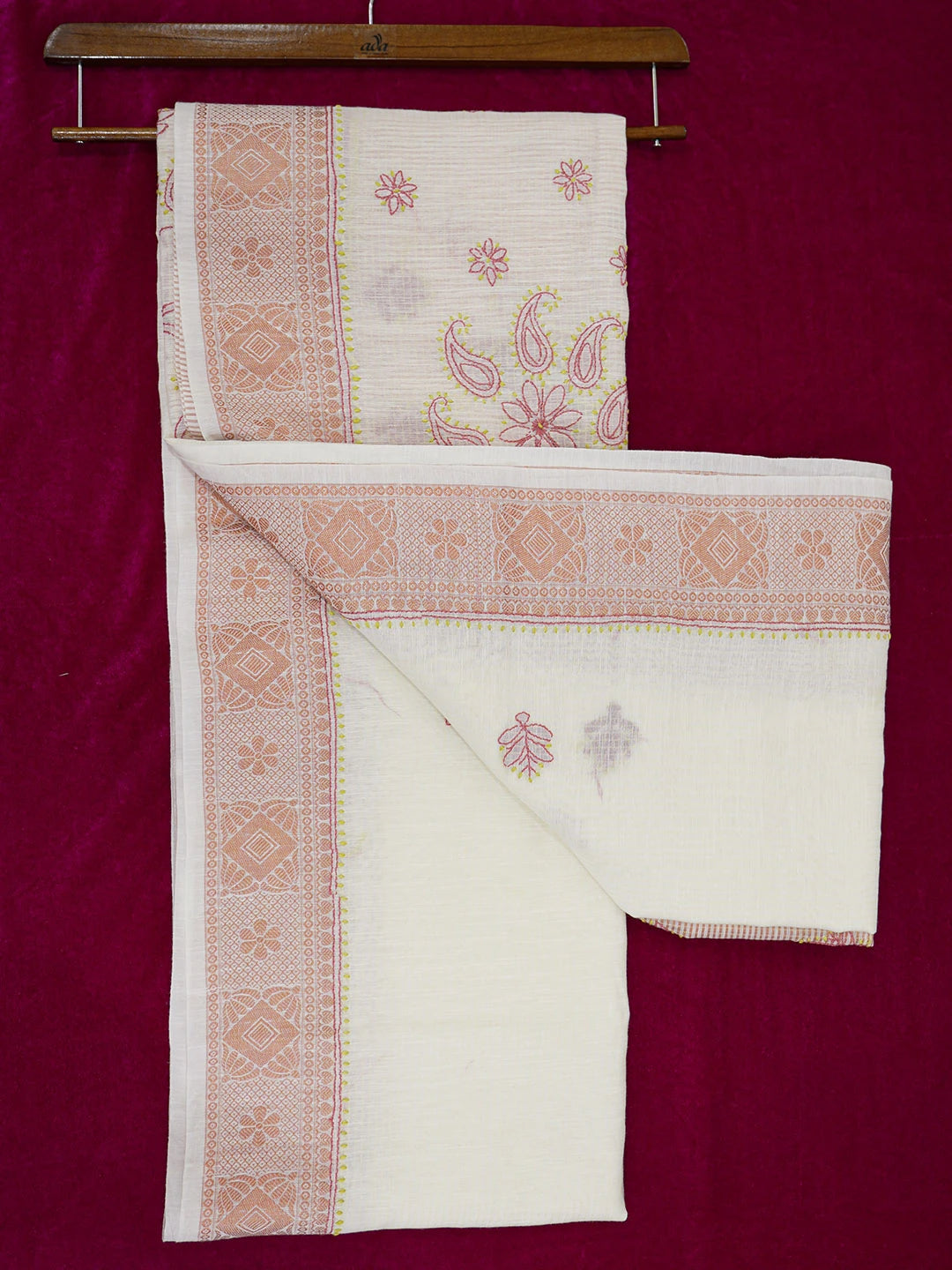 Ada Hand Embroidered White Chanderi Lucknowi Chikankari Saree With Blouse 01A592590