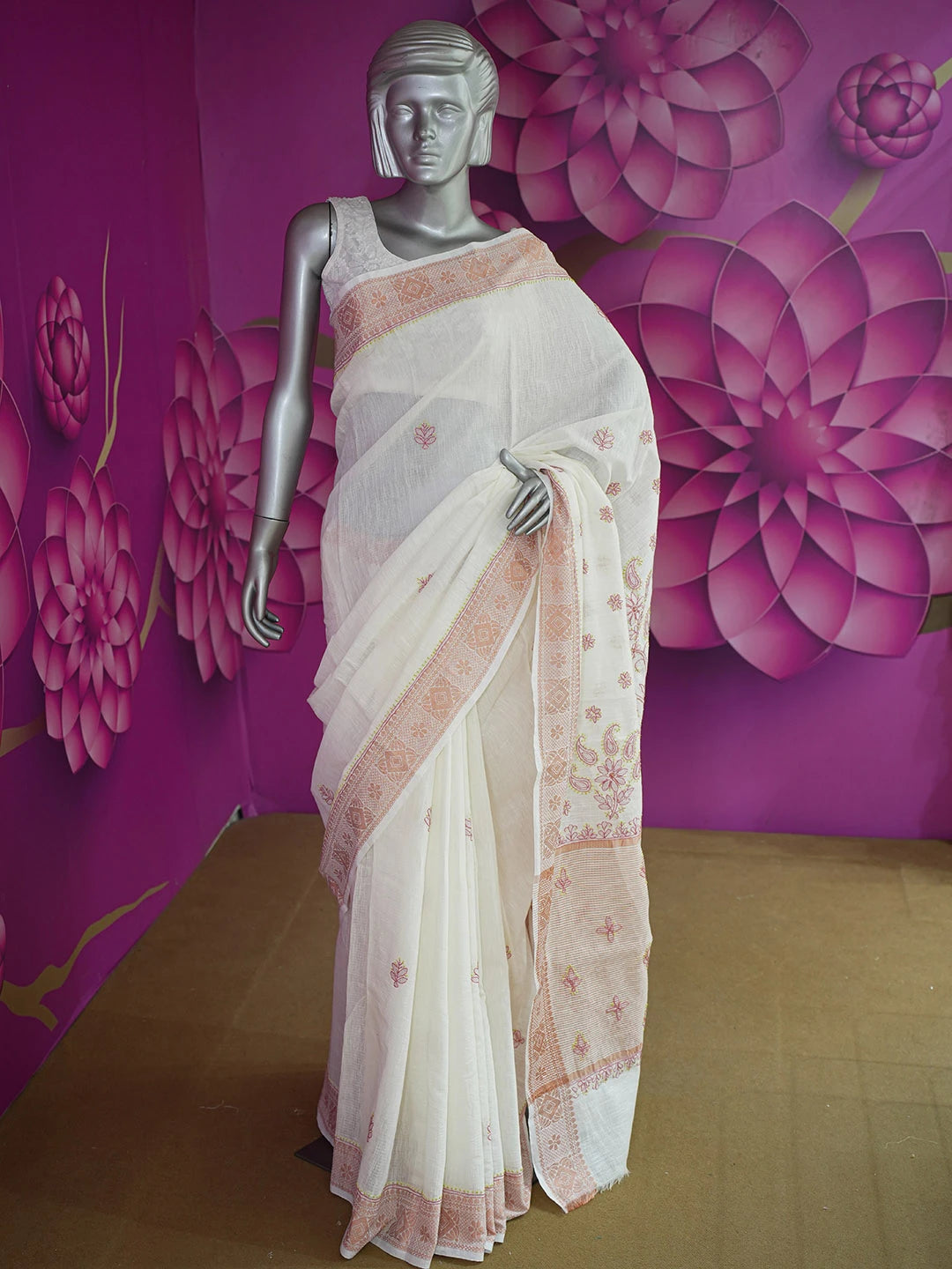 Ada Hand Embroidered White Chanderi Lucknowi Chikankari Saree With Blouse 01A592590