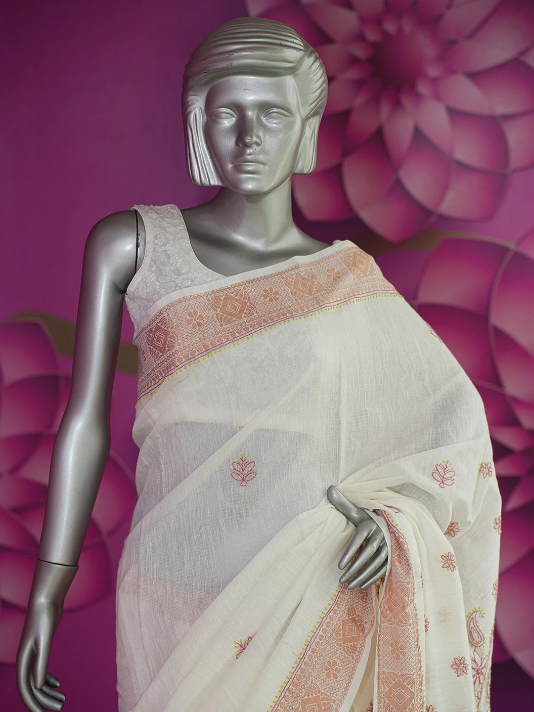 Ada Hand Embroidered White Chanderi Lucknowi Chikankari Saree With Blouse 01A592590