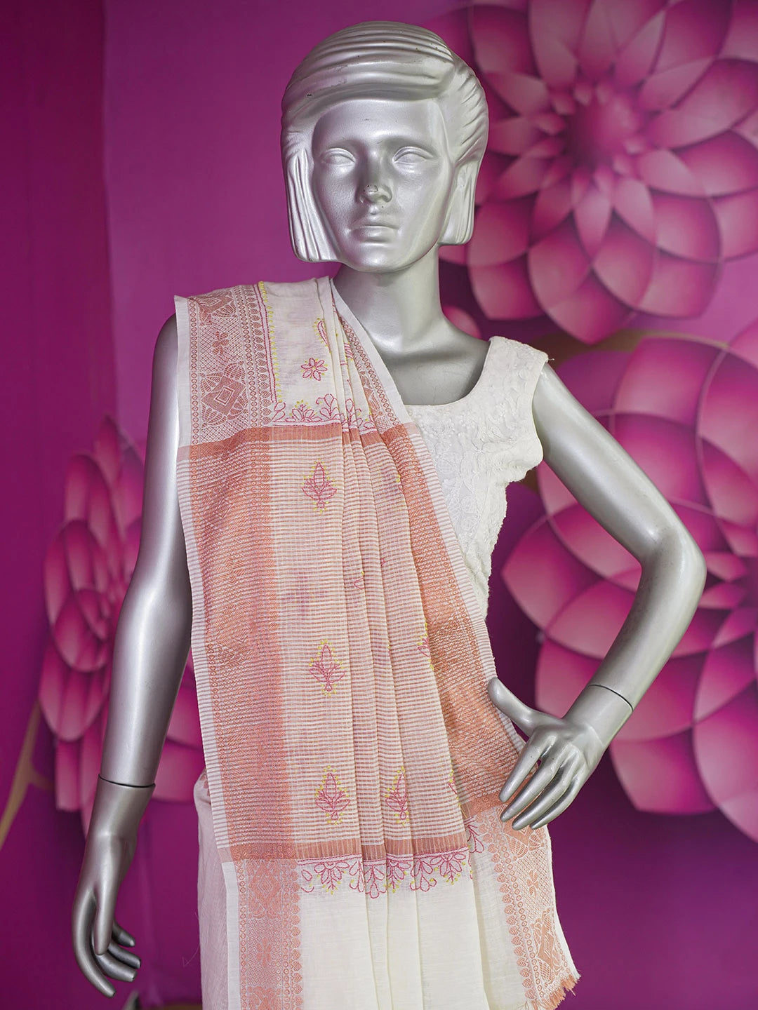 Ada Hand Embroidered White Chanderi Lucknowi Chikankari Saree With Blouse 01A592590