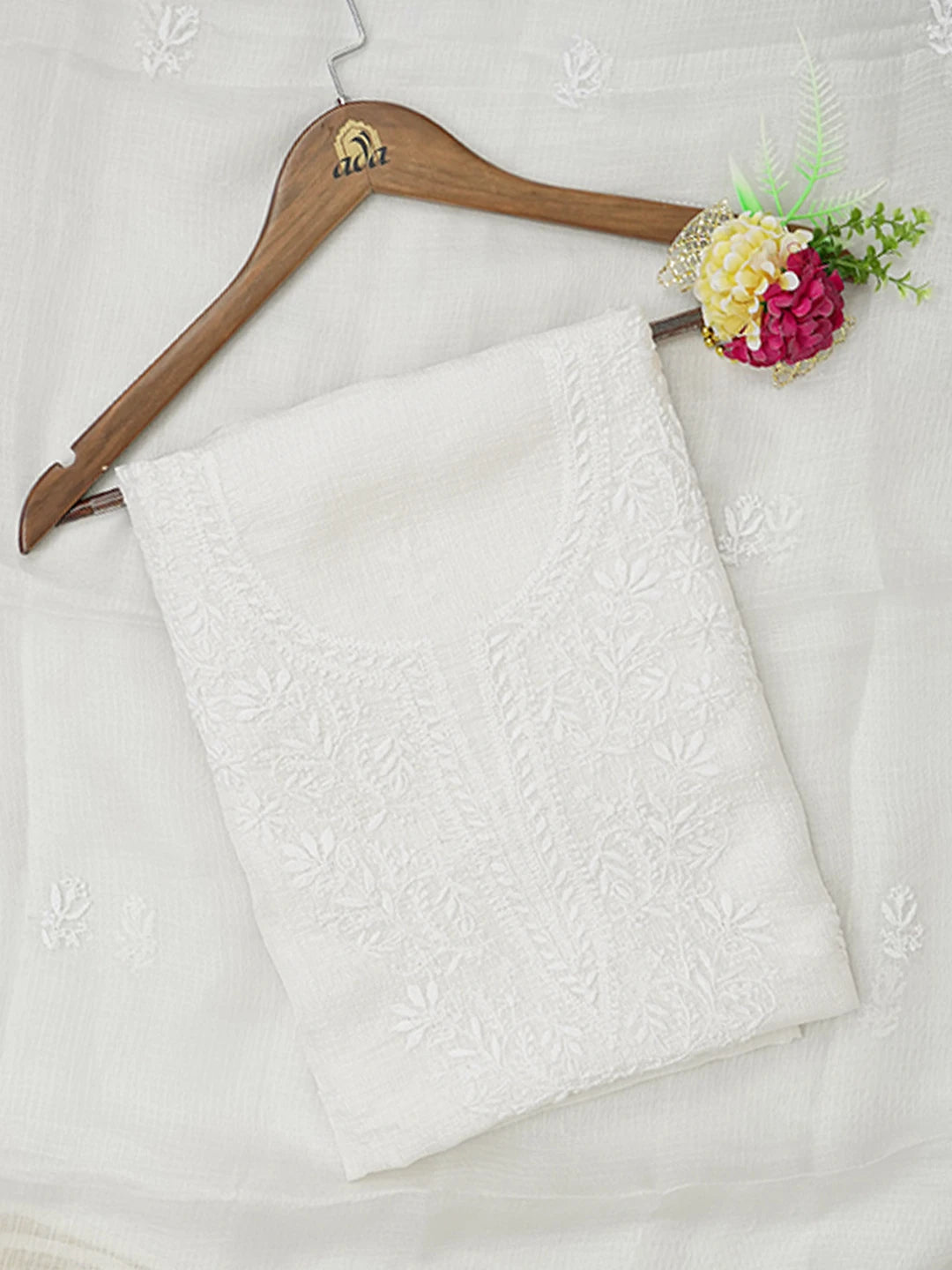 Ada Hand Embroidered White Kota Silk Lucknowi Chikankari Unstitched Kurta Dupatta Set 01A638845