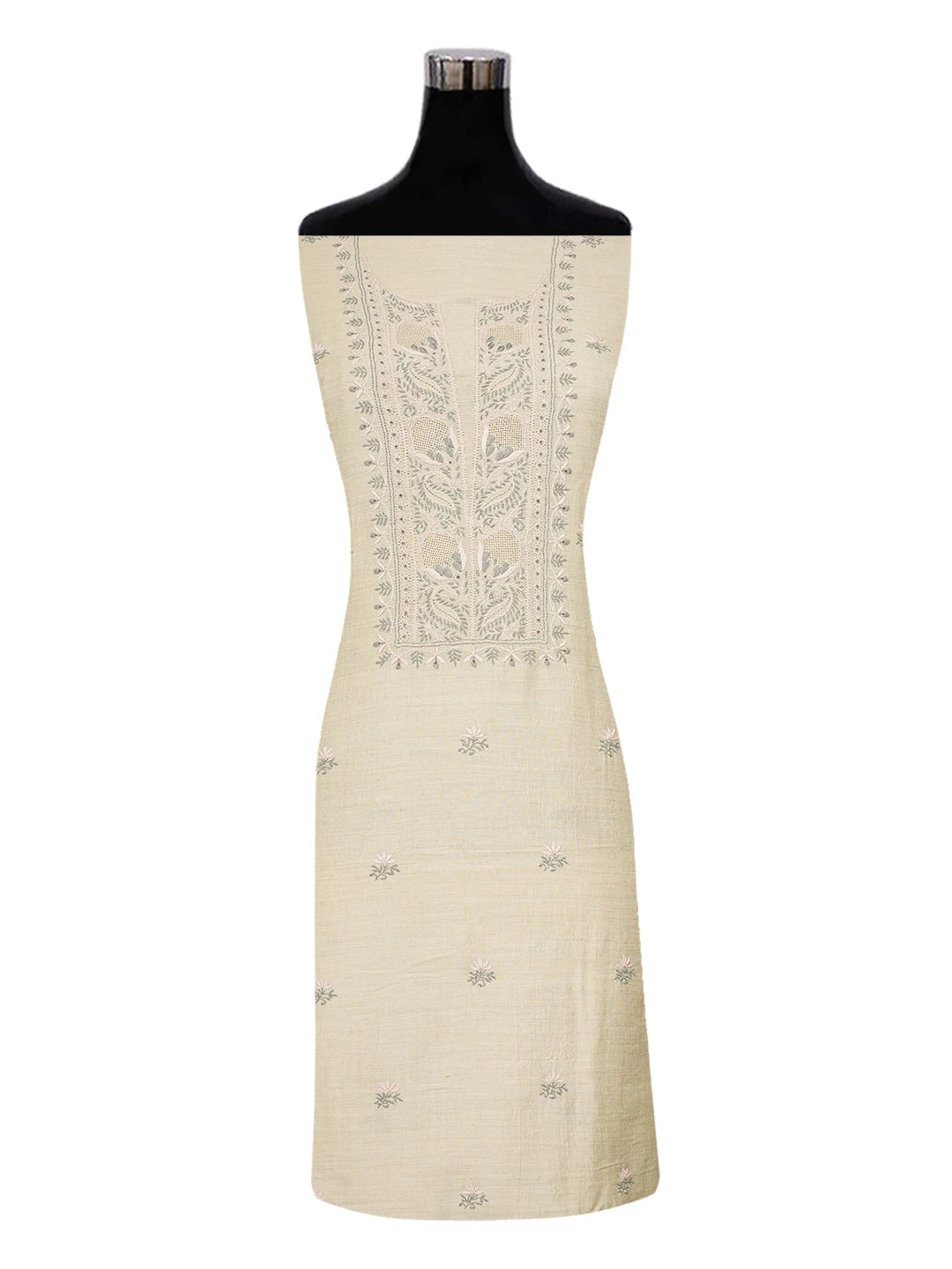 Ada Hand Embroidered Fawn Moonga Silk Lucknowi Chikankari Unstitched Kurta Dupatta Set 01A641540