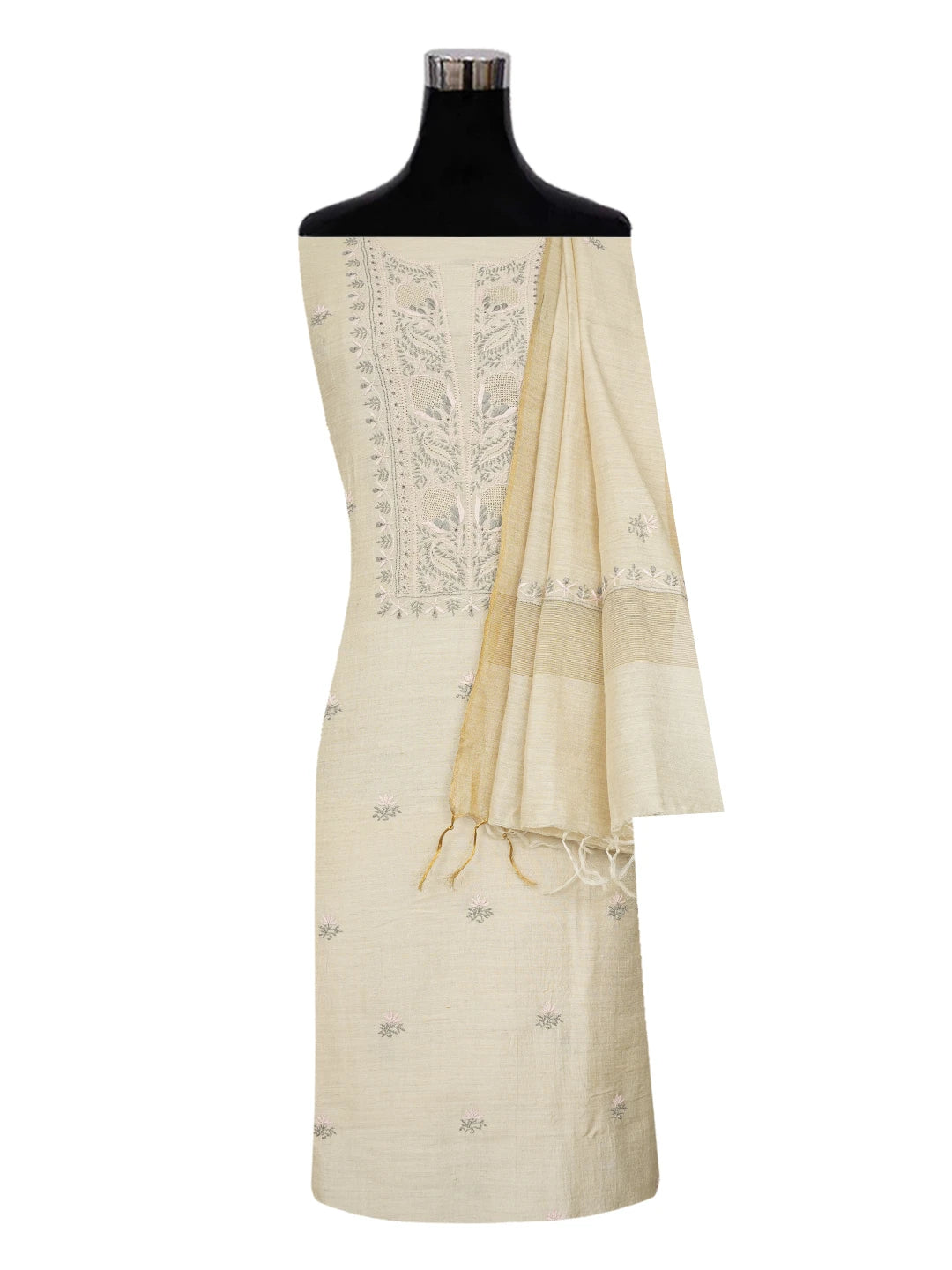 Ada Hand Embroidered Fawn Moonga Silk Lucknowi Chikankari Unstitched Kurta Dupatta Set 01A641540