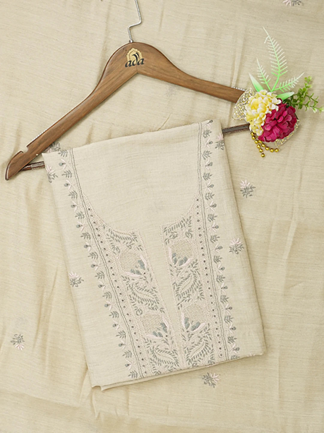 Ada Hand Embroidered Fawn Moonga Silk Lucknowi Chikankari Unstitched Kurta Dupatta Set 01A641540