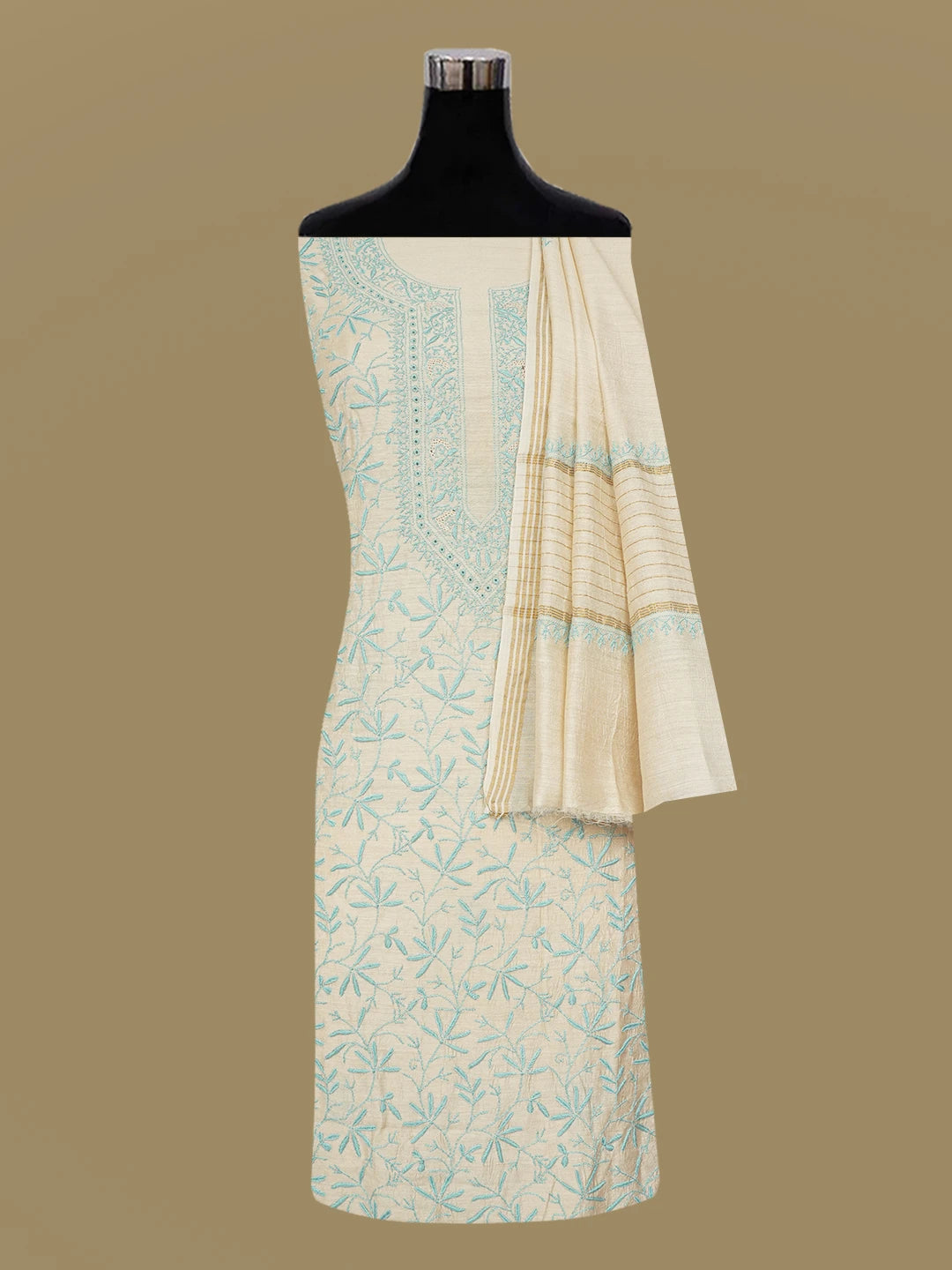 Ada Hand Embroidered Fawn Moonga Silk Lucknowi Chikankari Unstitched Kurta Dupatta Set 01A635437
