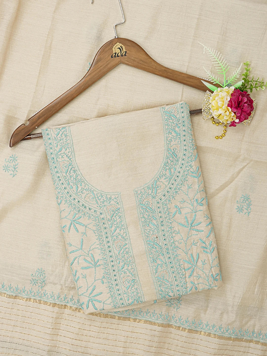 Ada Hand Embroidered Fawn Moonga Silk Lucknowi Chikankari Unstitched Kurta Dupatta Set 01A635437
