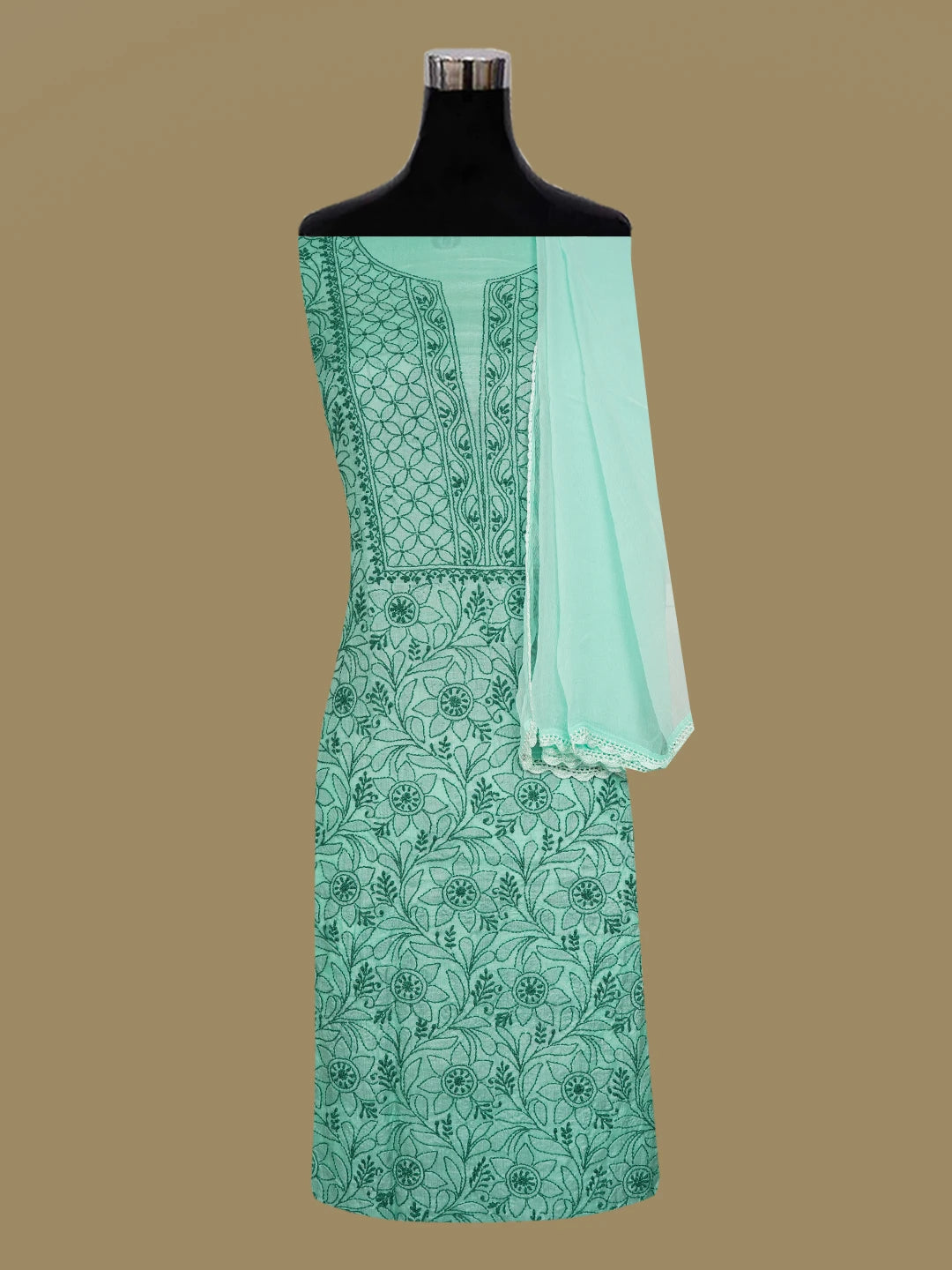 Ada Hand Embroidered Sea Green Silk Lucknowi Chikankari Unstitched Suit Piece 01A626871