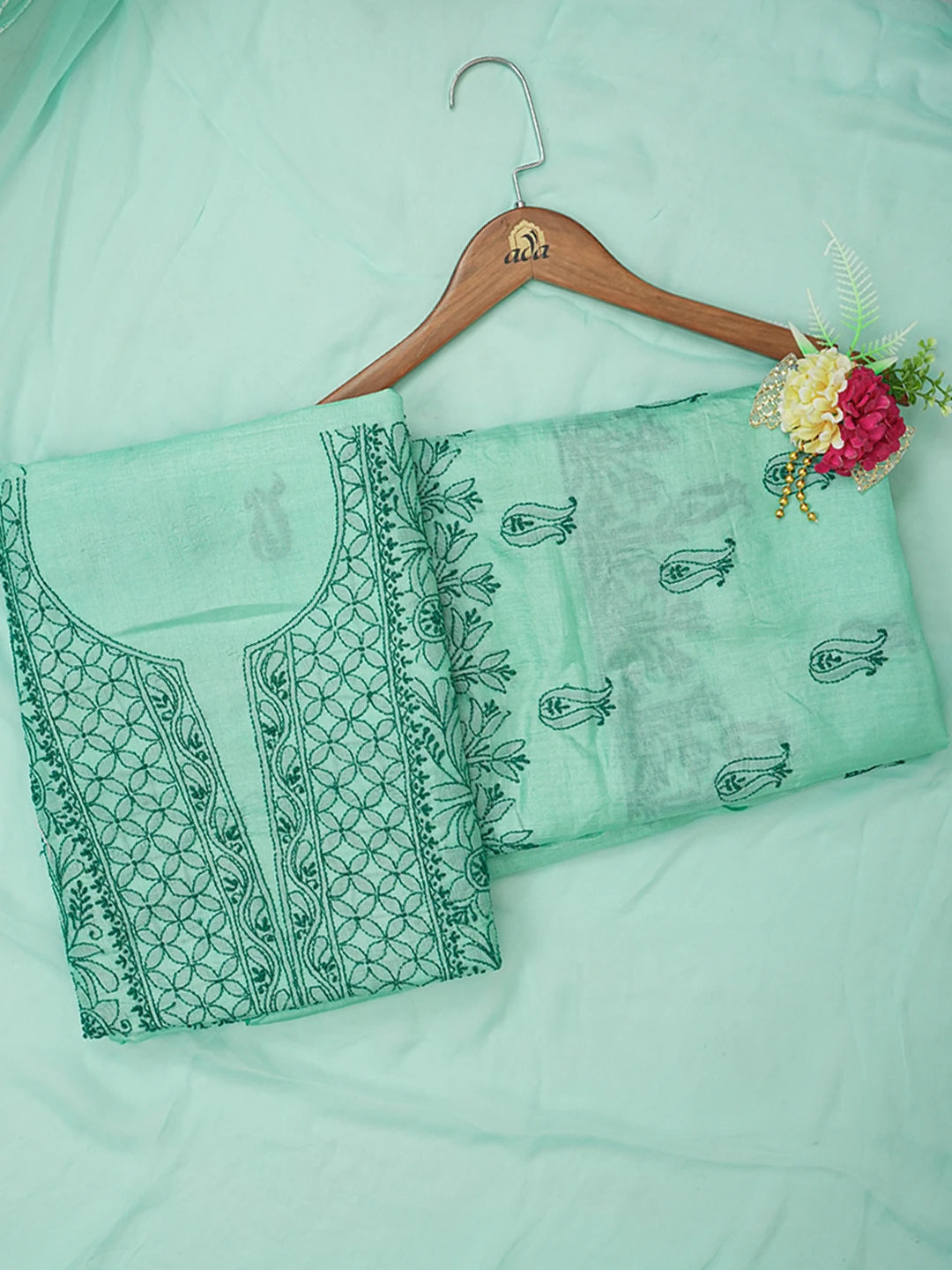 Ada Hand Embroidered Sea Green Silk Lucknowi Chikankari Unstitched Suit Piece 01A626871
