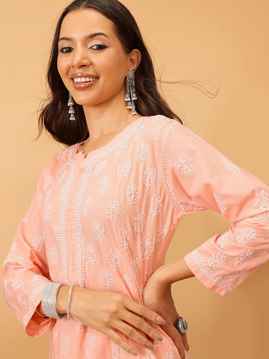 Ada Hand Embroidered Peach Cotton Lucknowi Chikankari Straight Kurta A411706