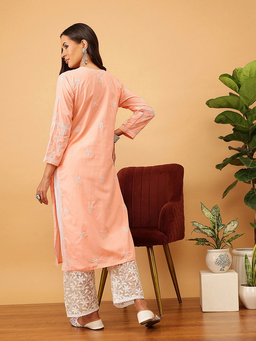 Ada Hand Embroidered Peach Cotton Lucknowi Chikankari Straight Kurta A411706