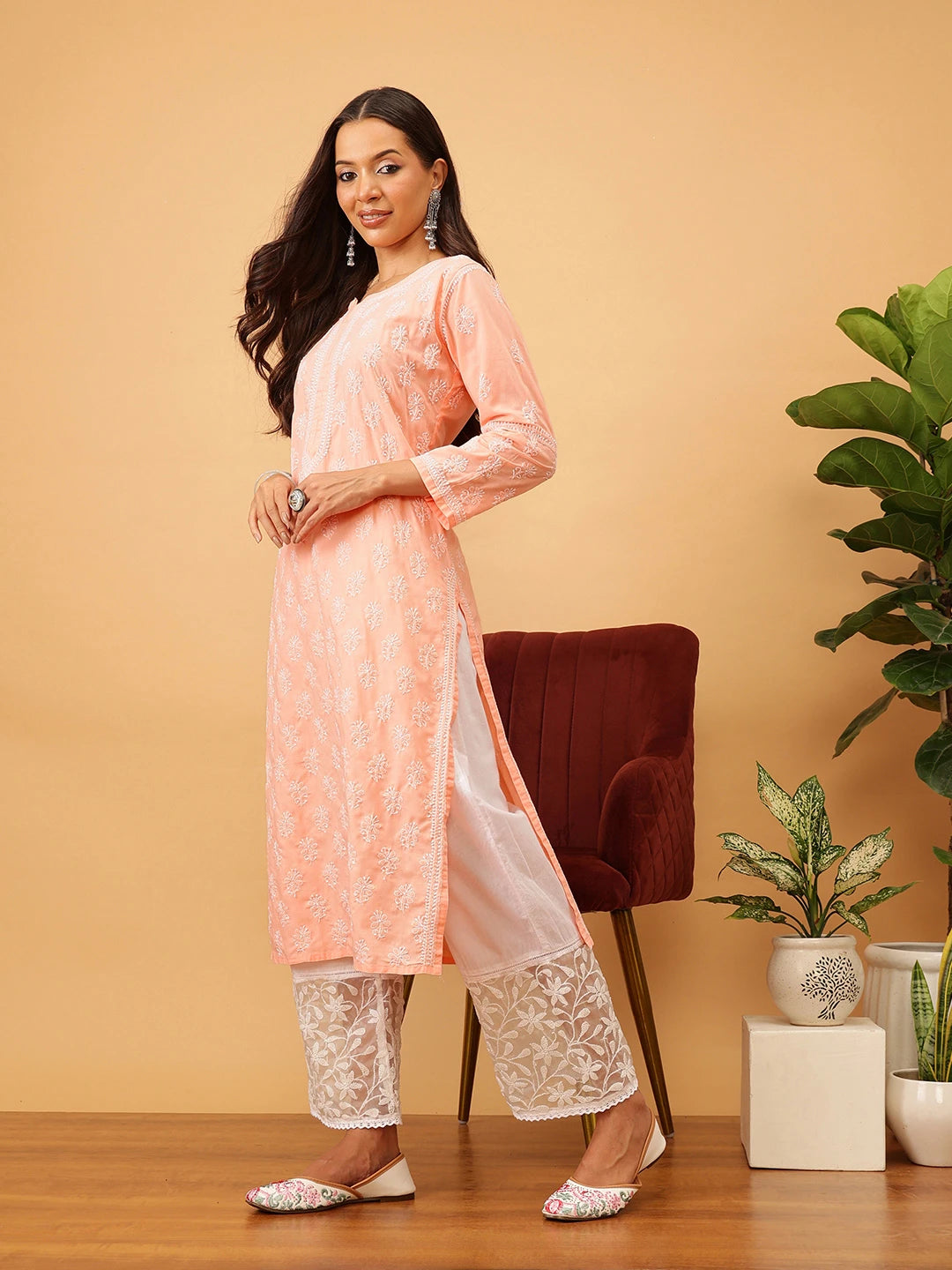 Ada Hand Embroidered Peach Cotton Lucknowi Chikankari Straight Kurta A411706