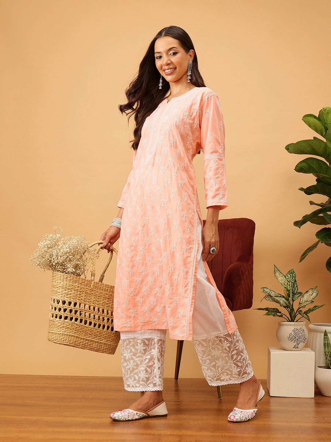 Ada Hand Embroidered Peach Cotton Lucknowi Chikankari Straight Kurta A411706