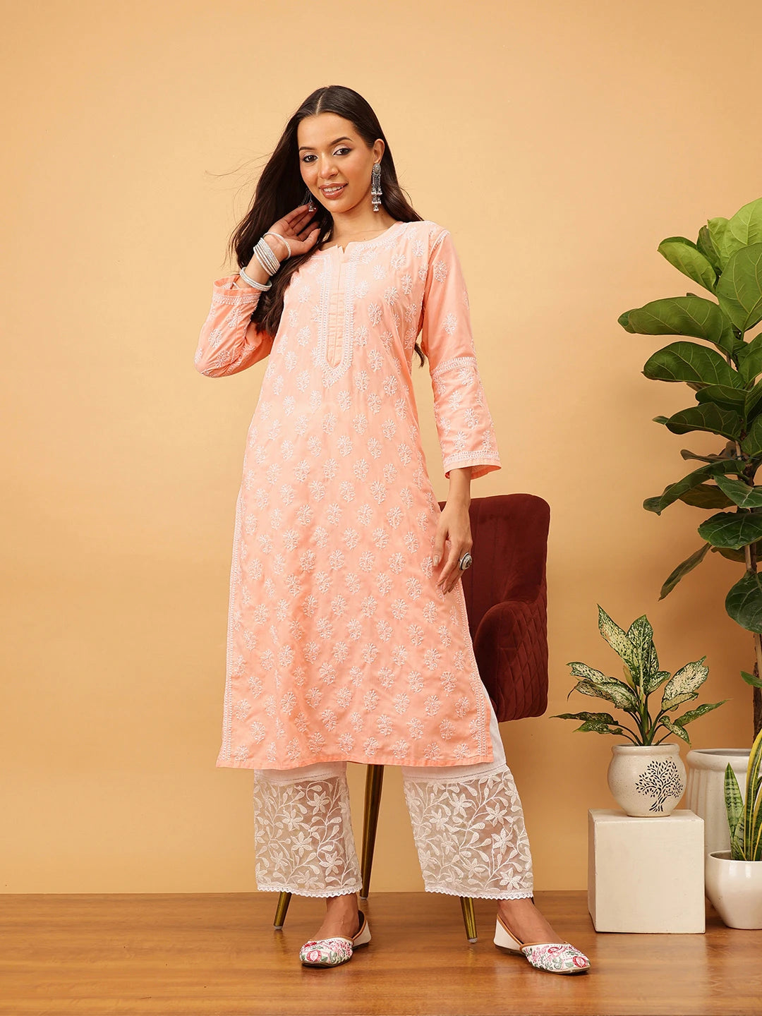 Ada Hand Embroidered Peach Cotton Lucknowi Chikankari Straight Kurta A411706