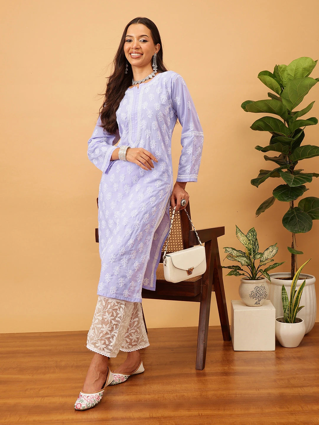 Ada Hand Embroidered Mauve Cotton Lucknowi Chikankari Straight Kurta A411707
