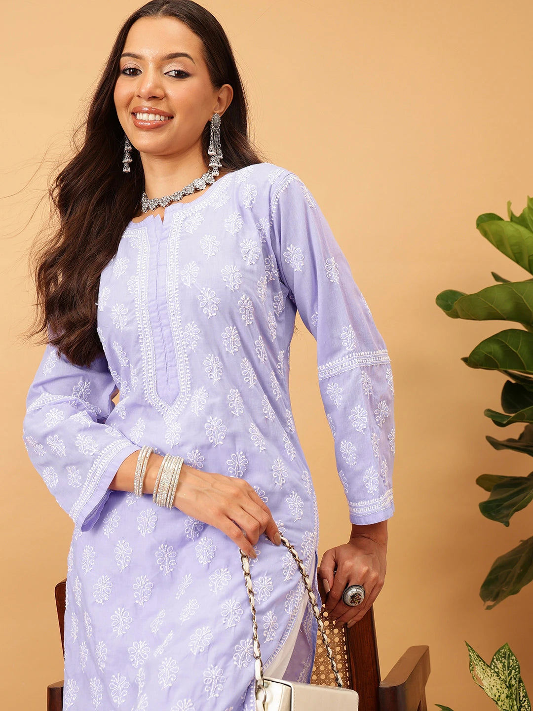 Ada Hand Embroidered Mauve Cotton Lucknowi Chikankari Straight Kurta A411707