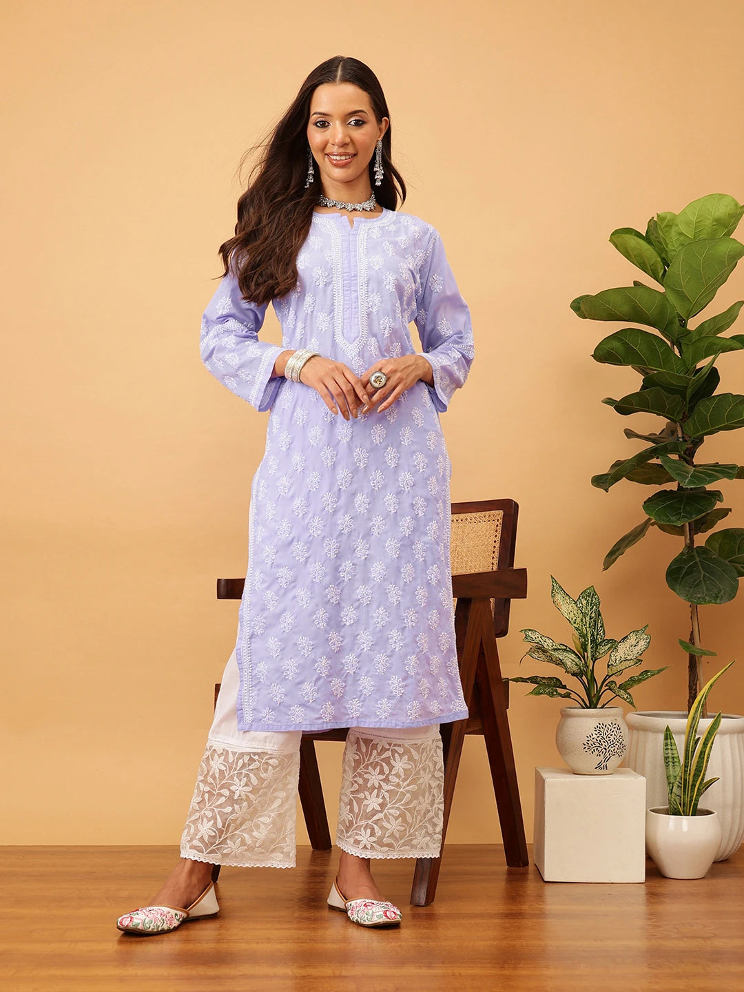Ada Hand Embroidered Mauve Cotton Lucknowi Chikankari Straight Kurta A411707