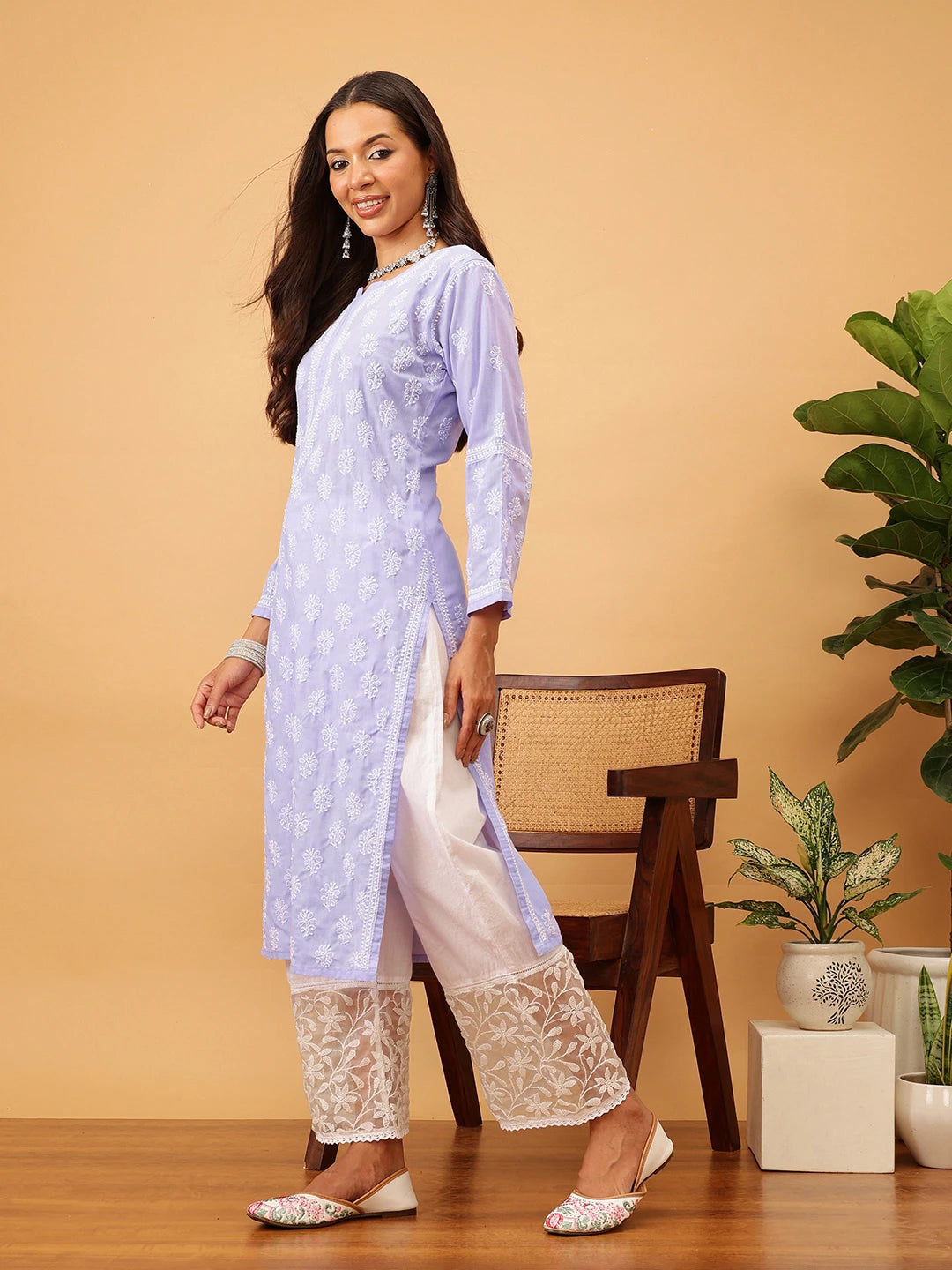 Ada Hand Embroidered Mauve Cotton Lucknowi Chikankari Straight Kurta A411707